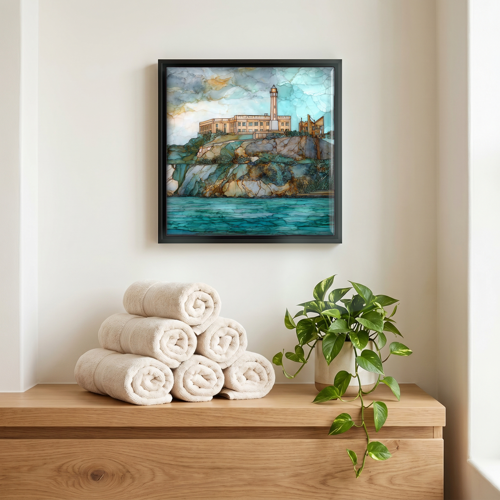 Above the linens, in a slim black surround.
