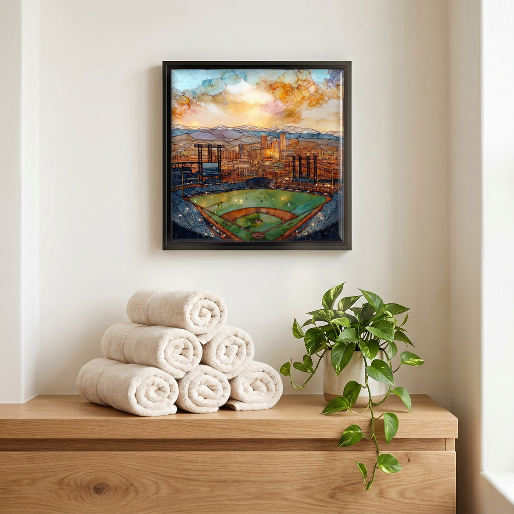 Above the linens, in a slim black surround.