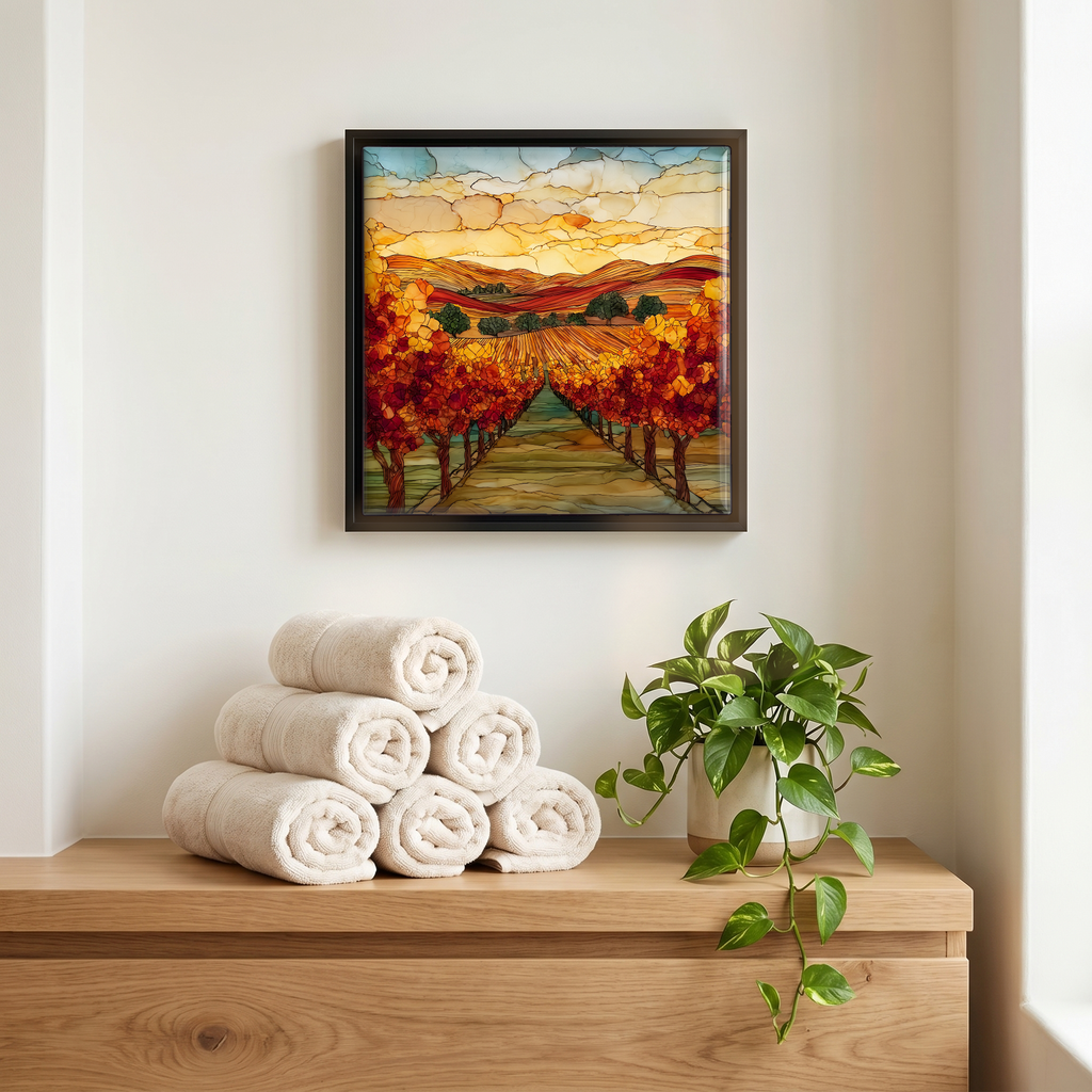 Above the linens, in a slim black surround.