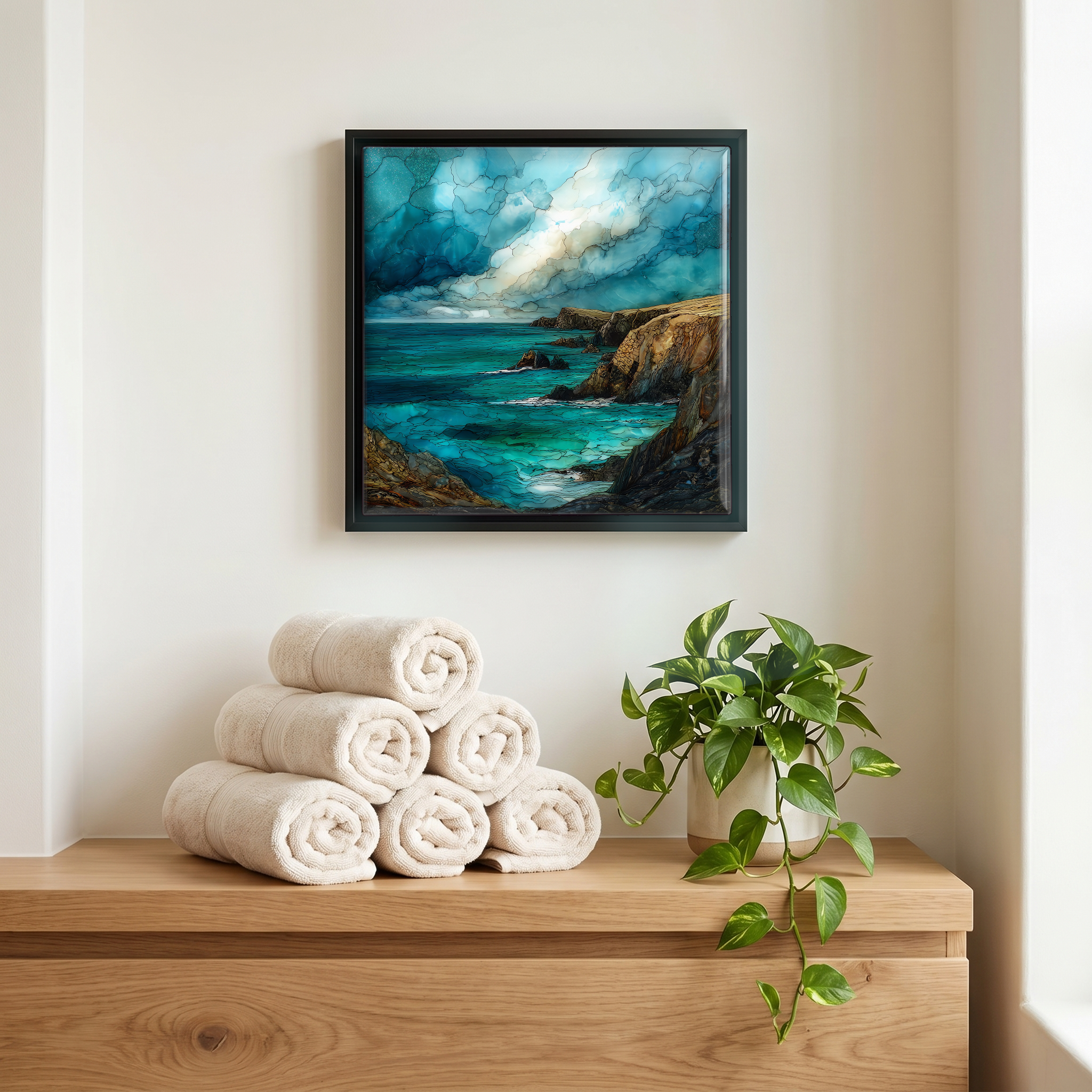 Above the linens, in a slim black surround.