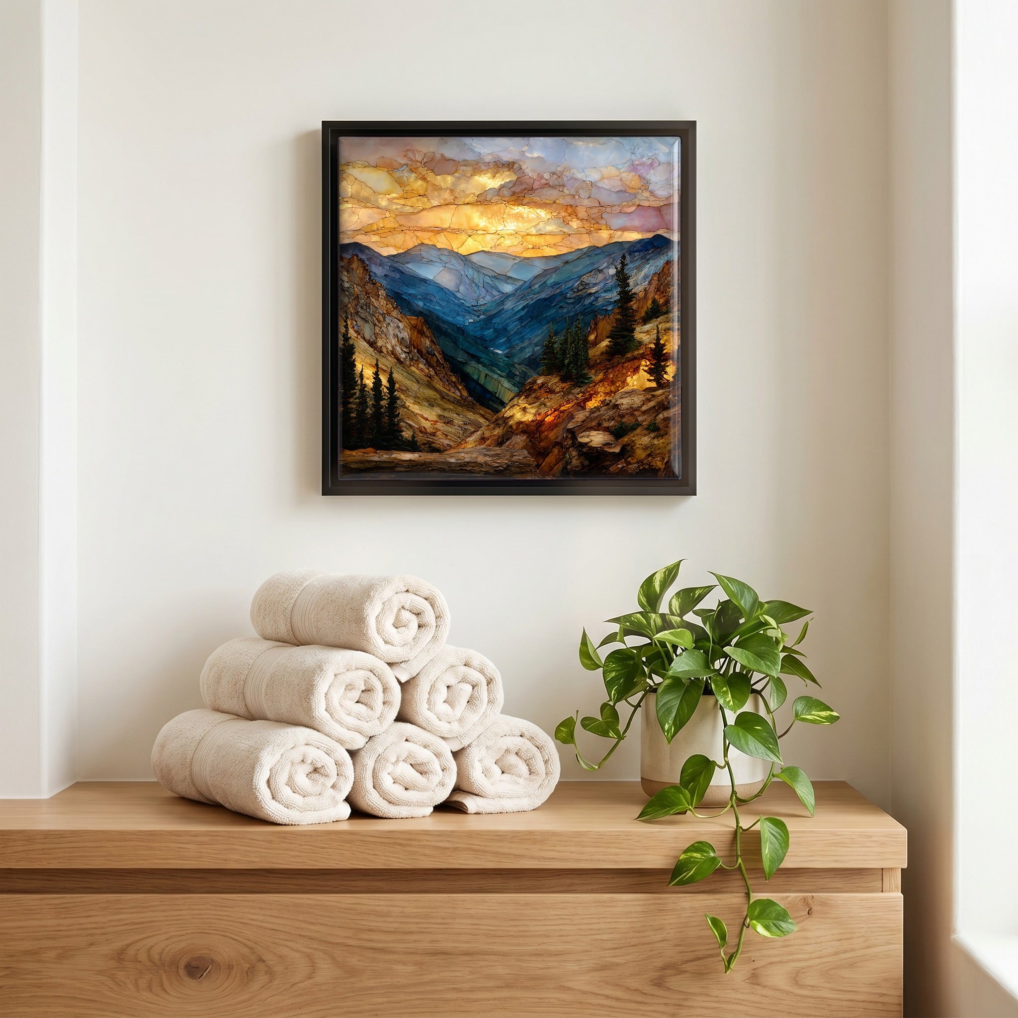 Above the linens, in a slim black surround.