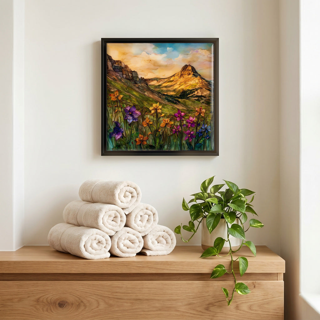Above the linens, in a slim black surround.