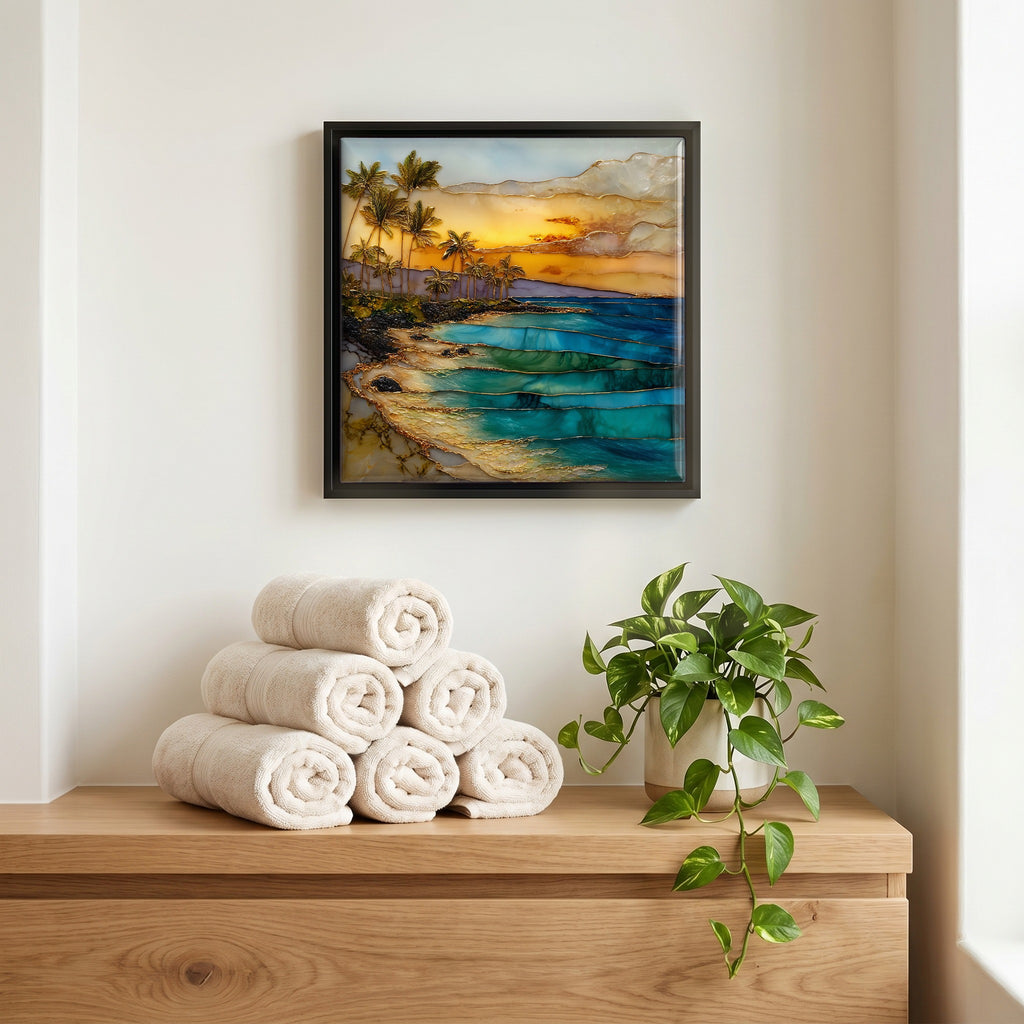 Above the linens, in a slim black surround.