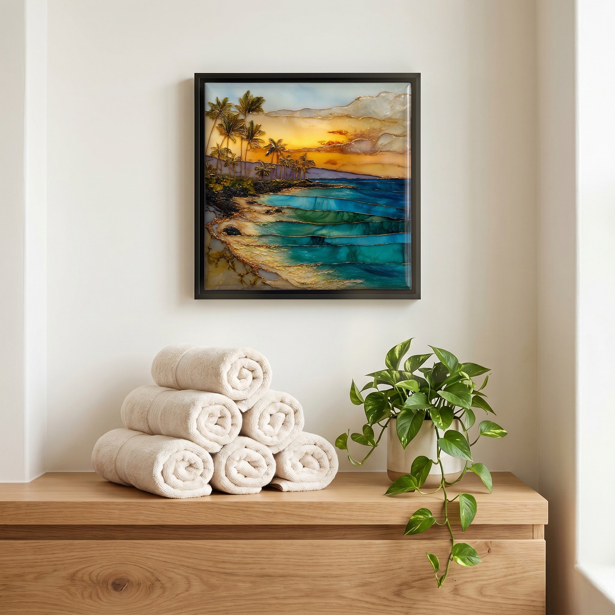 Above the linens, in a slim black surround.
