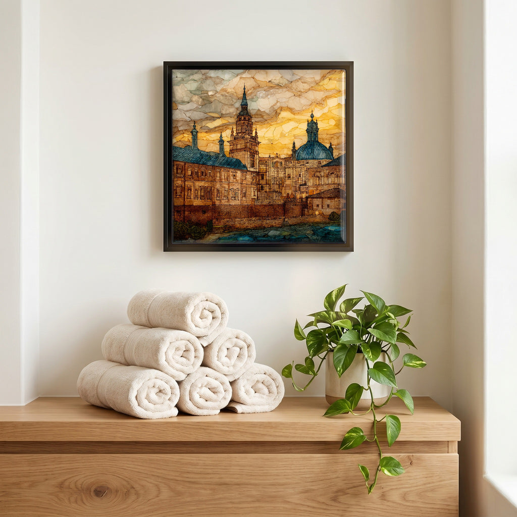 Above the linens, in a slim black surround.