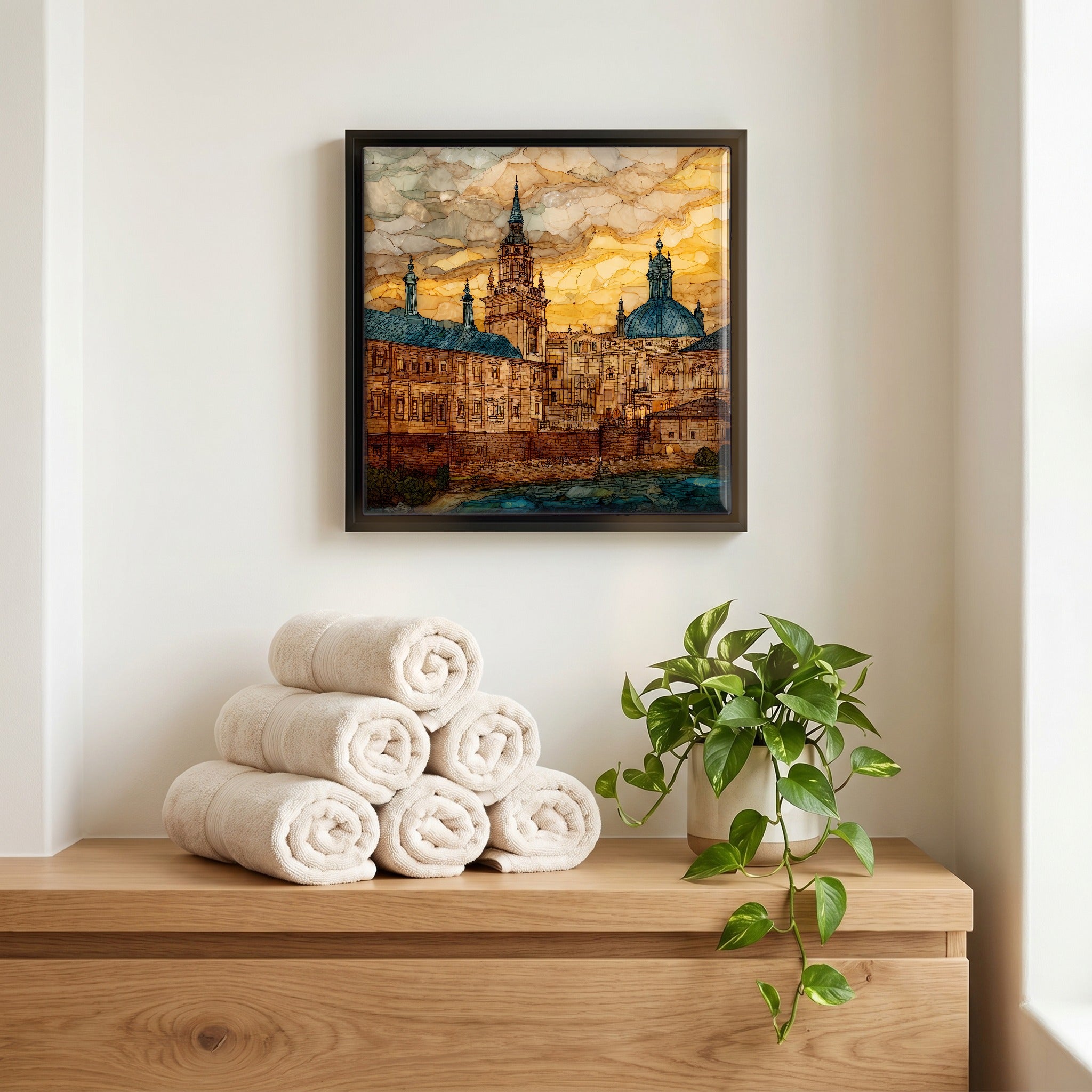 Above the linens, in a slim black surround.
