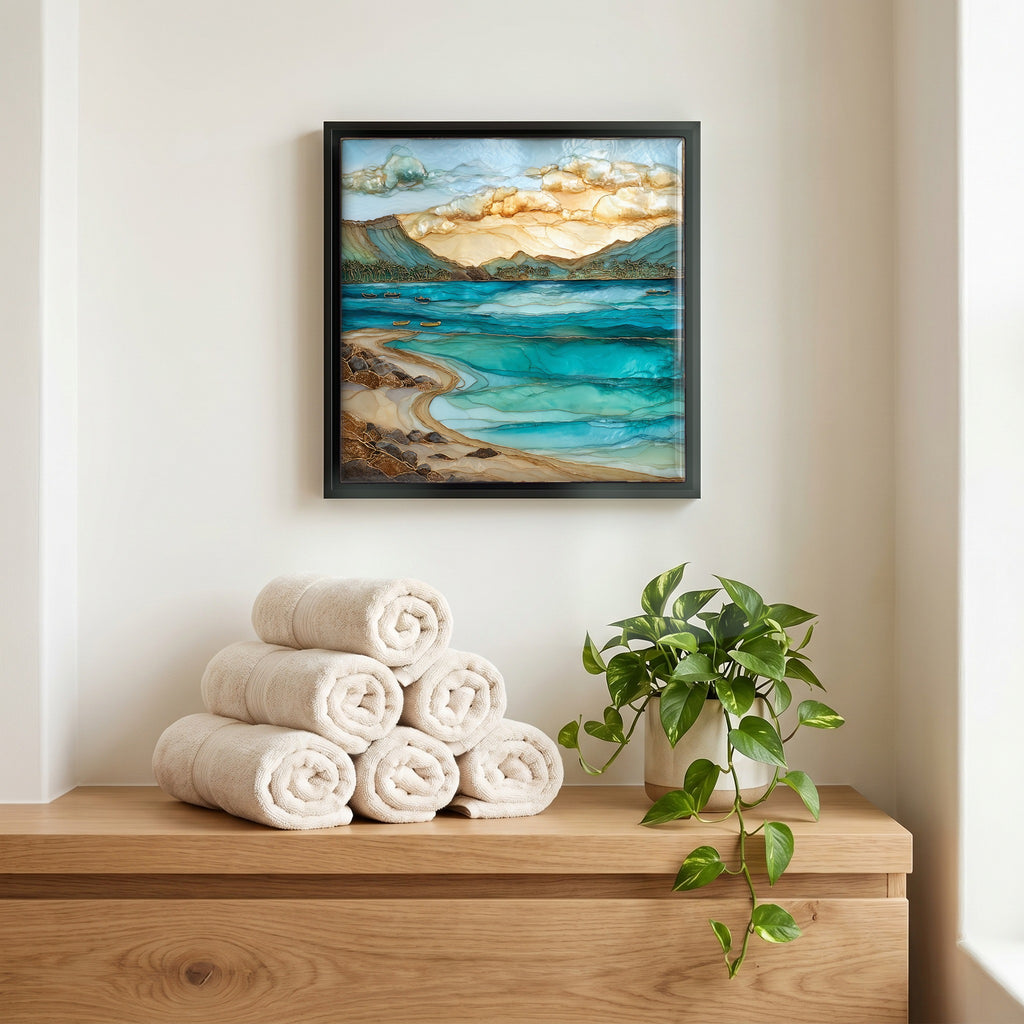 Above the linens, in a slim black surround.