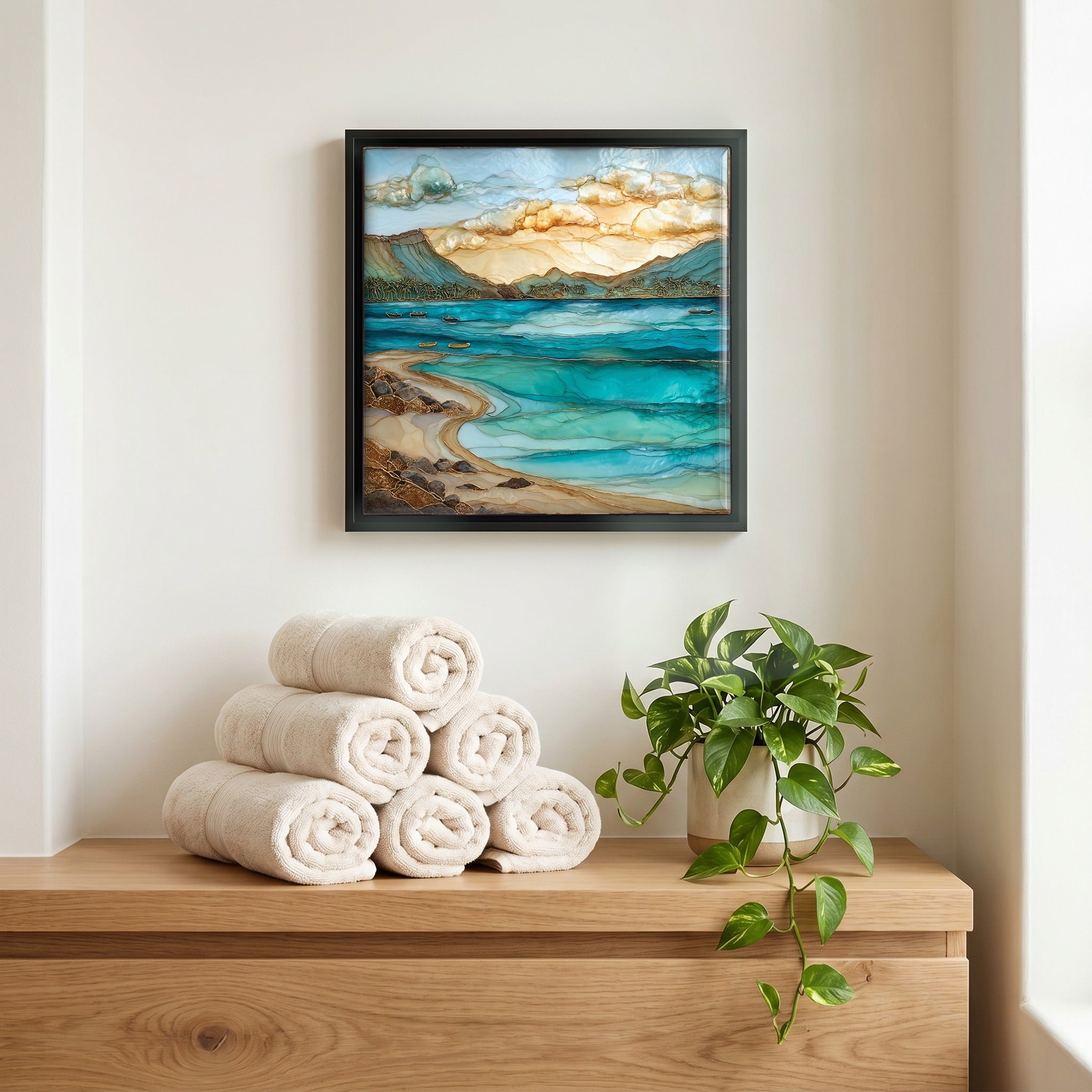Above the linens, in a slim black surround.