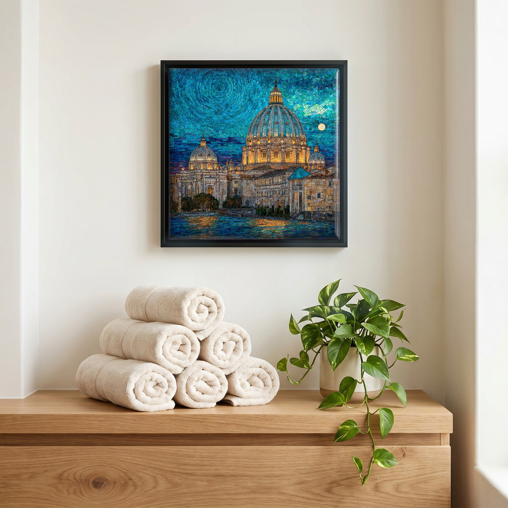 Above the linens, in a slim black surround.