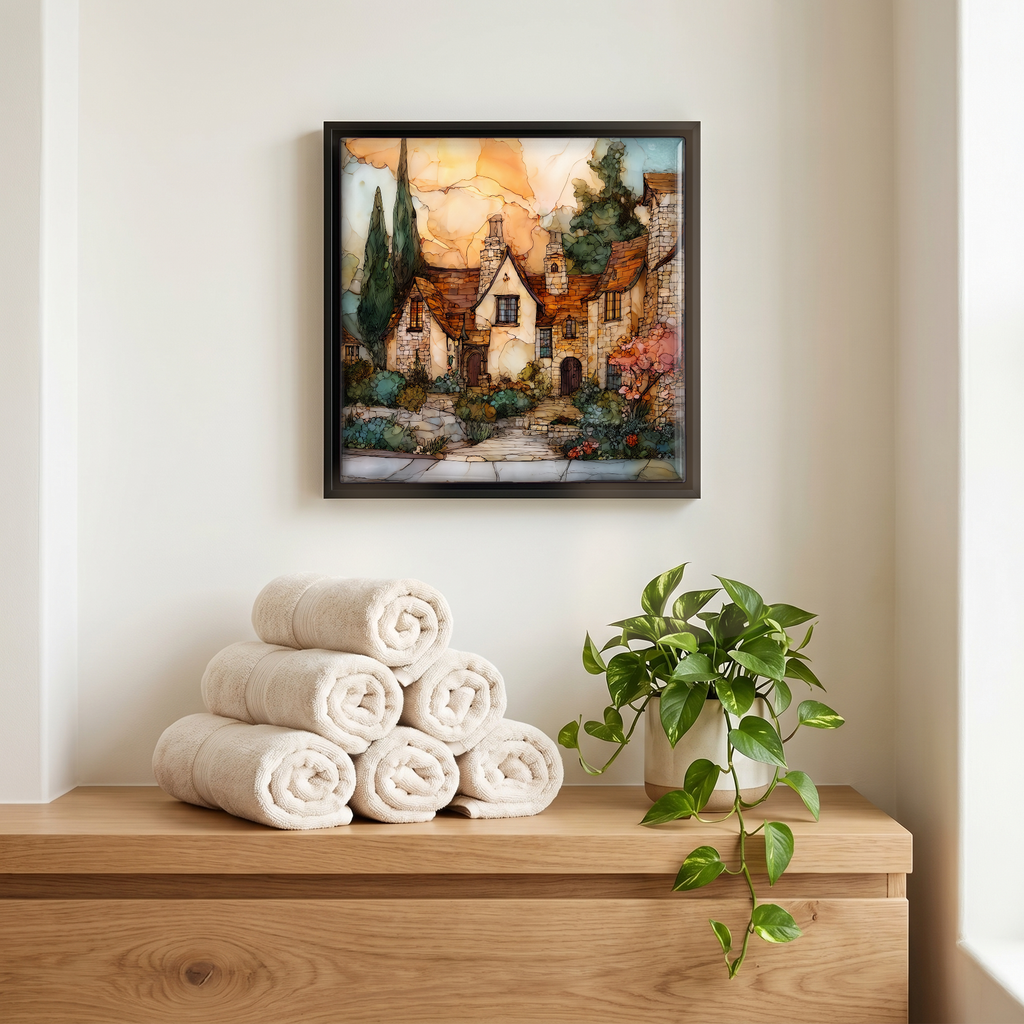 Above the linens, in a slim black surround.