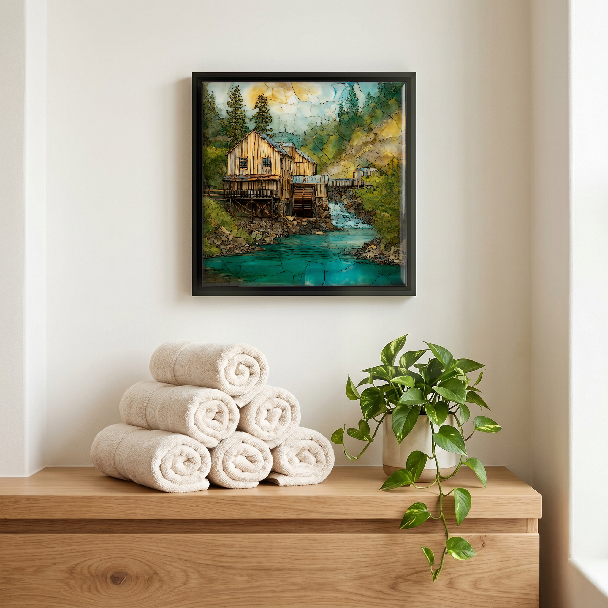 Above the linens, in a slim black surround.