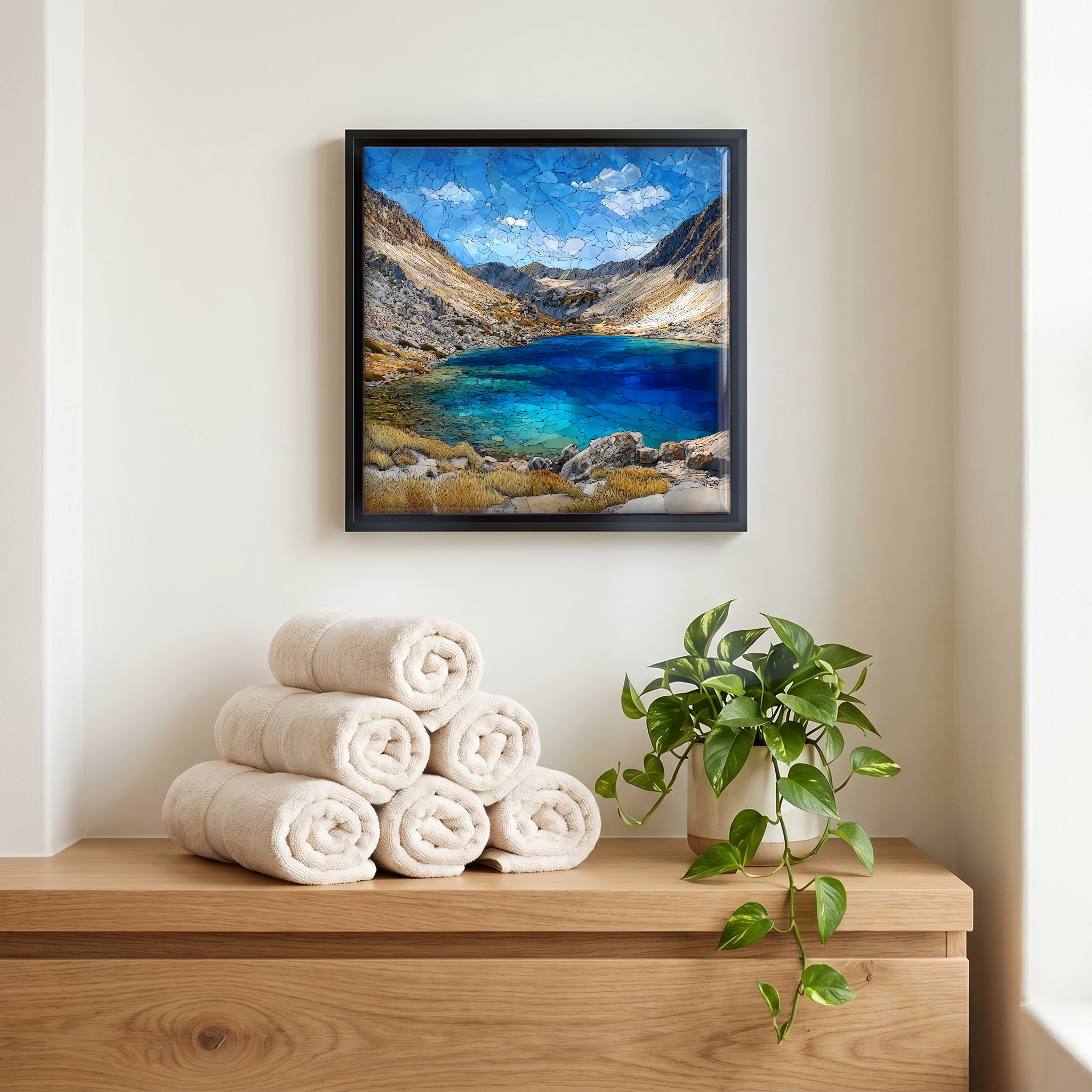 Above the linens, in a slim black surround.