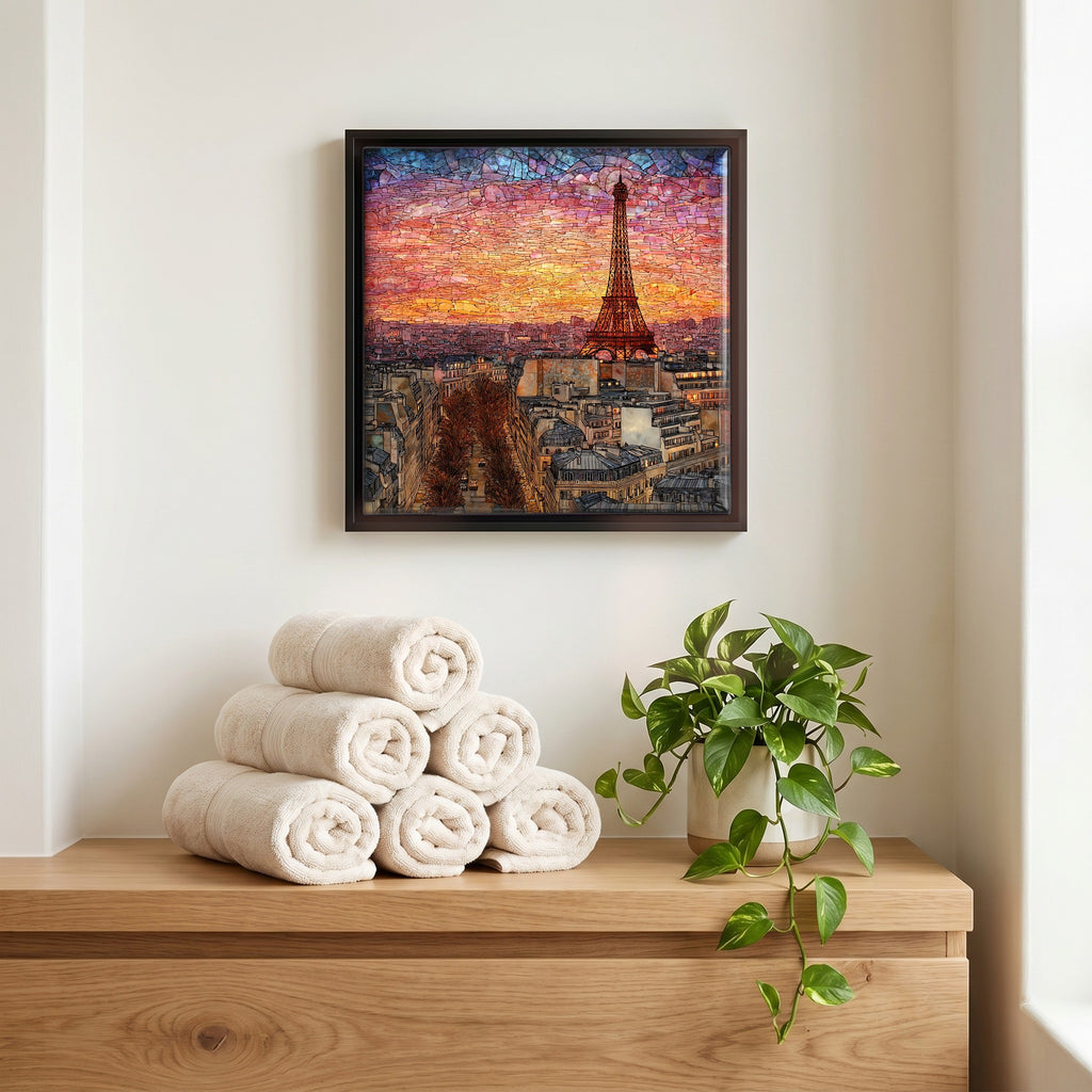 Above the linens, in a slim black surround.