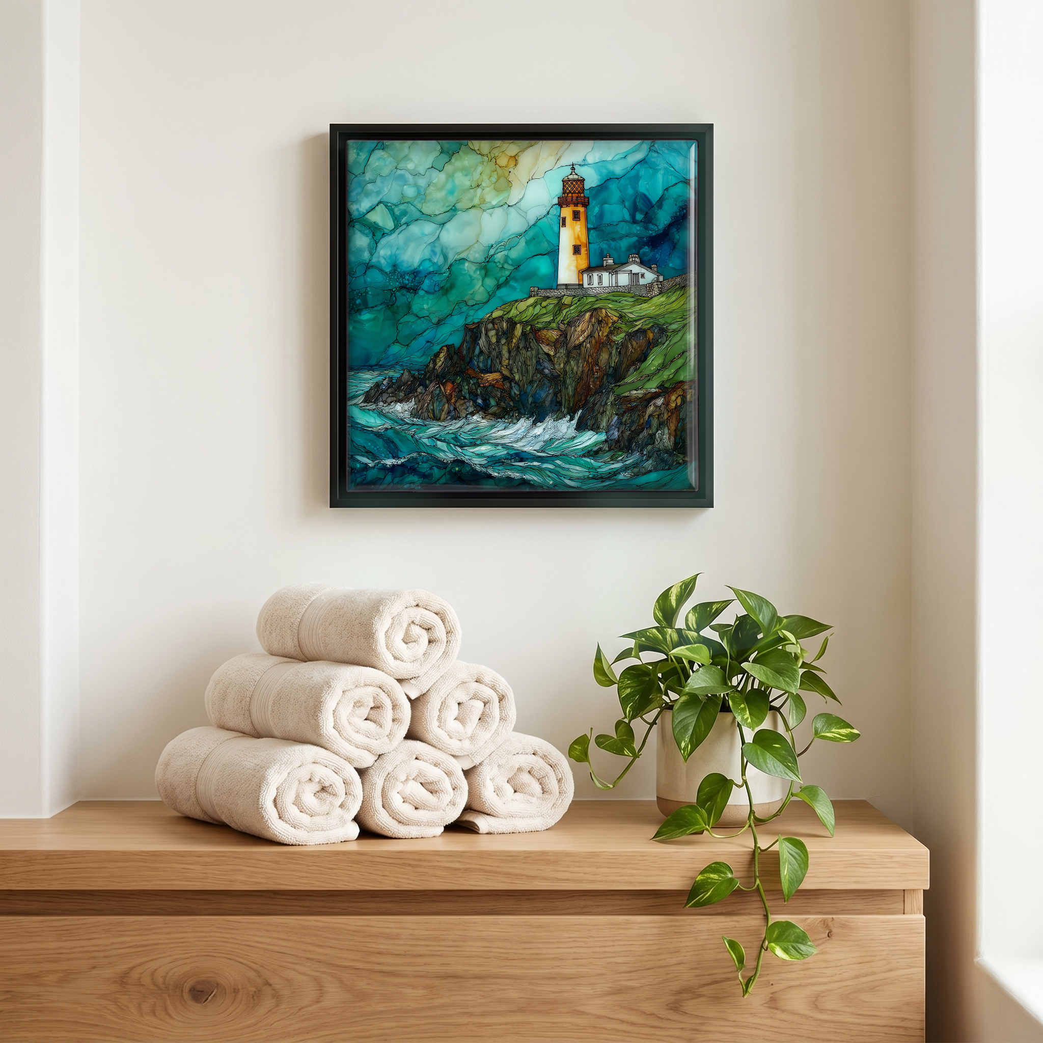 Above the linens, in a slim black surround.
