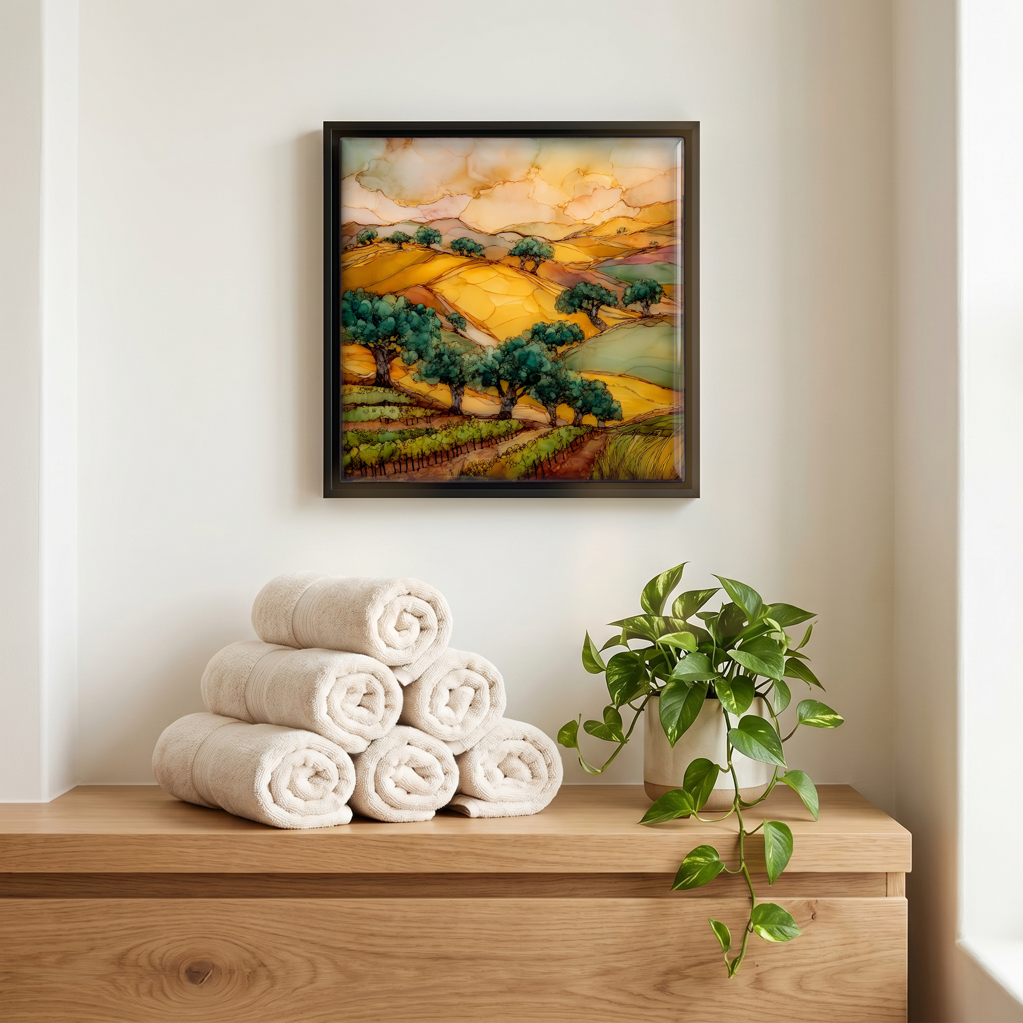 Above the linens, in a slim black surround.