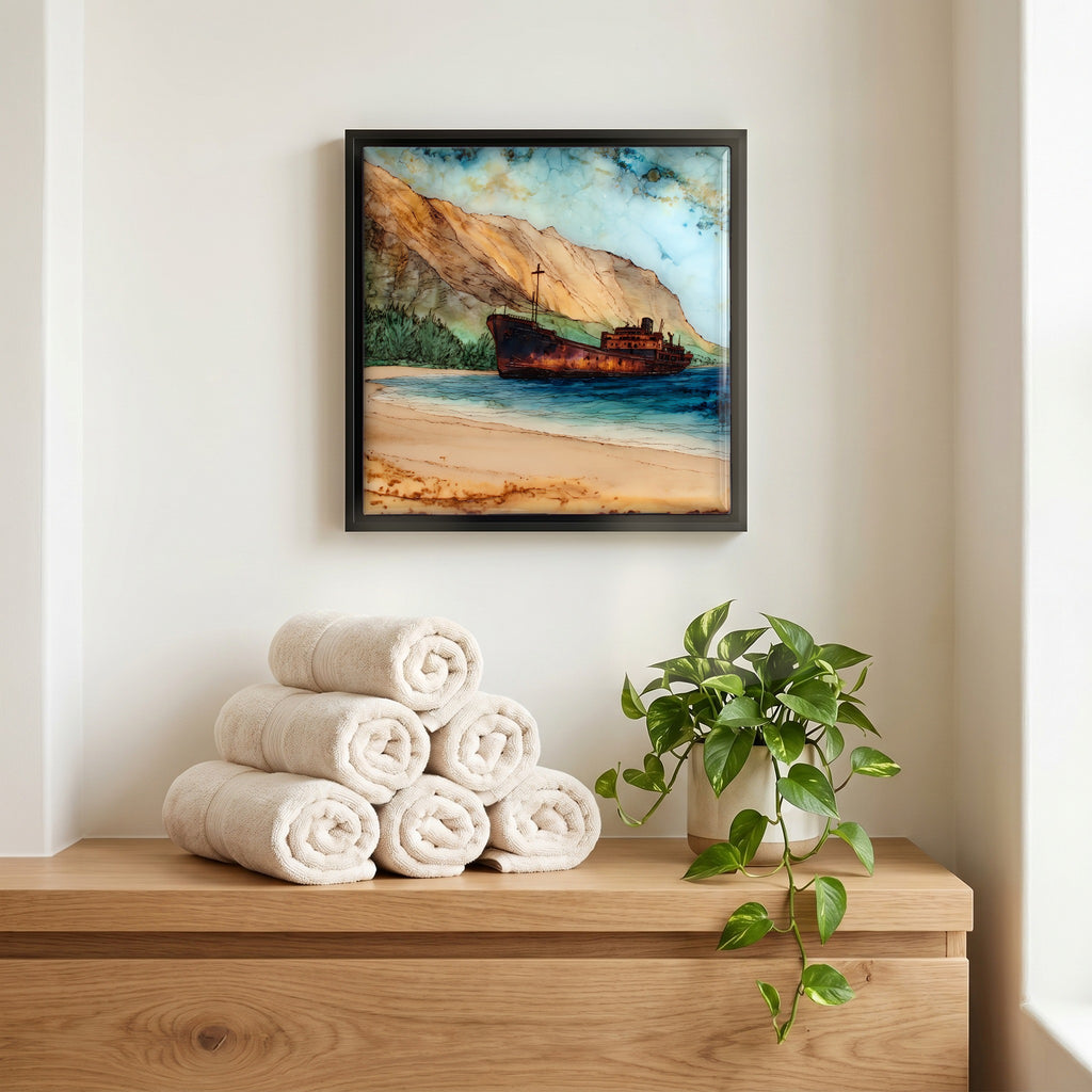 Above the linens, in a slim black surround.