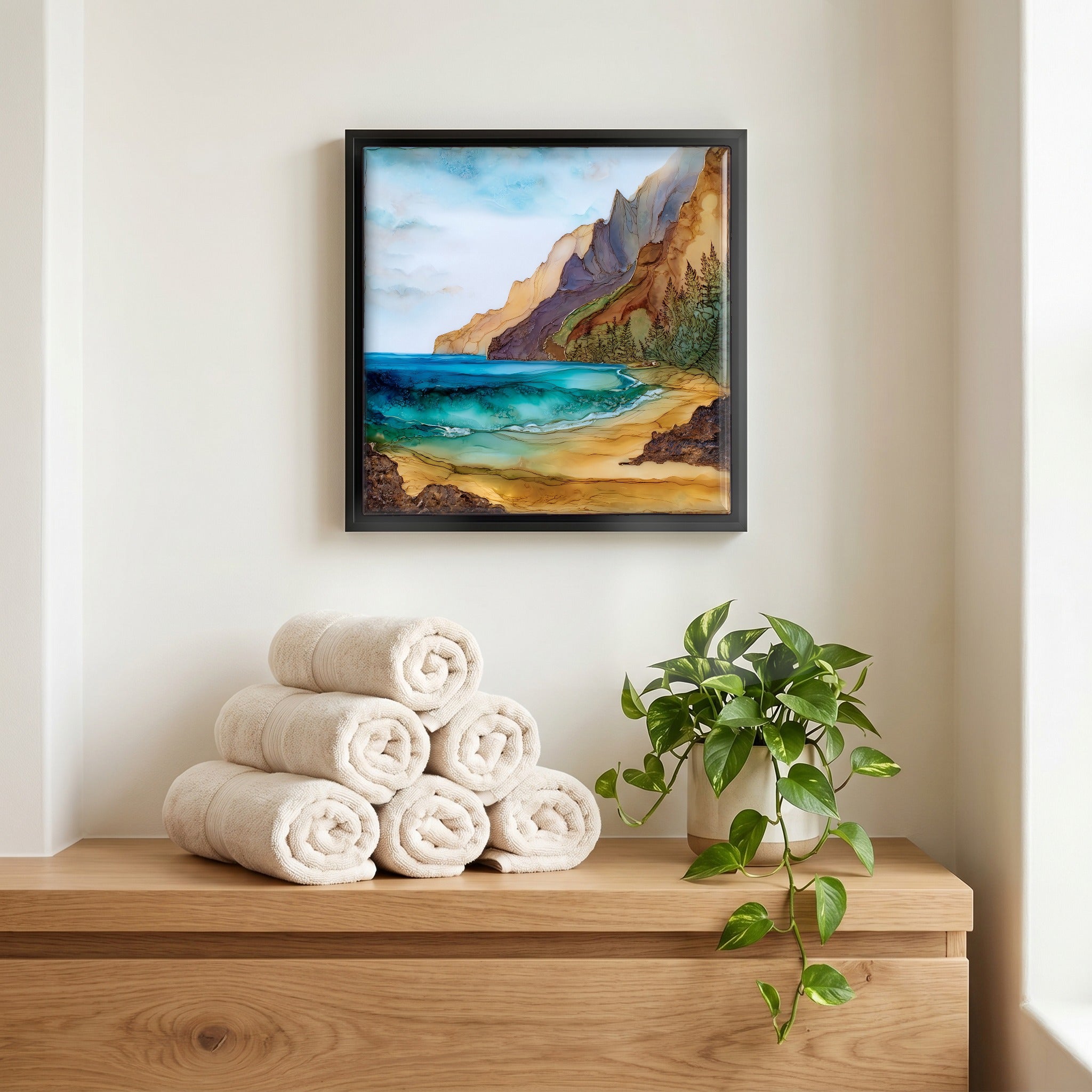 Above the linens, in a slim black surround.