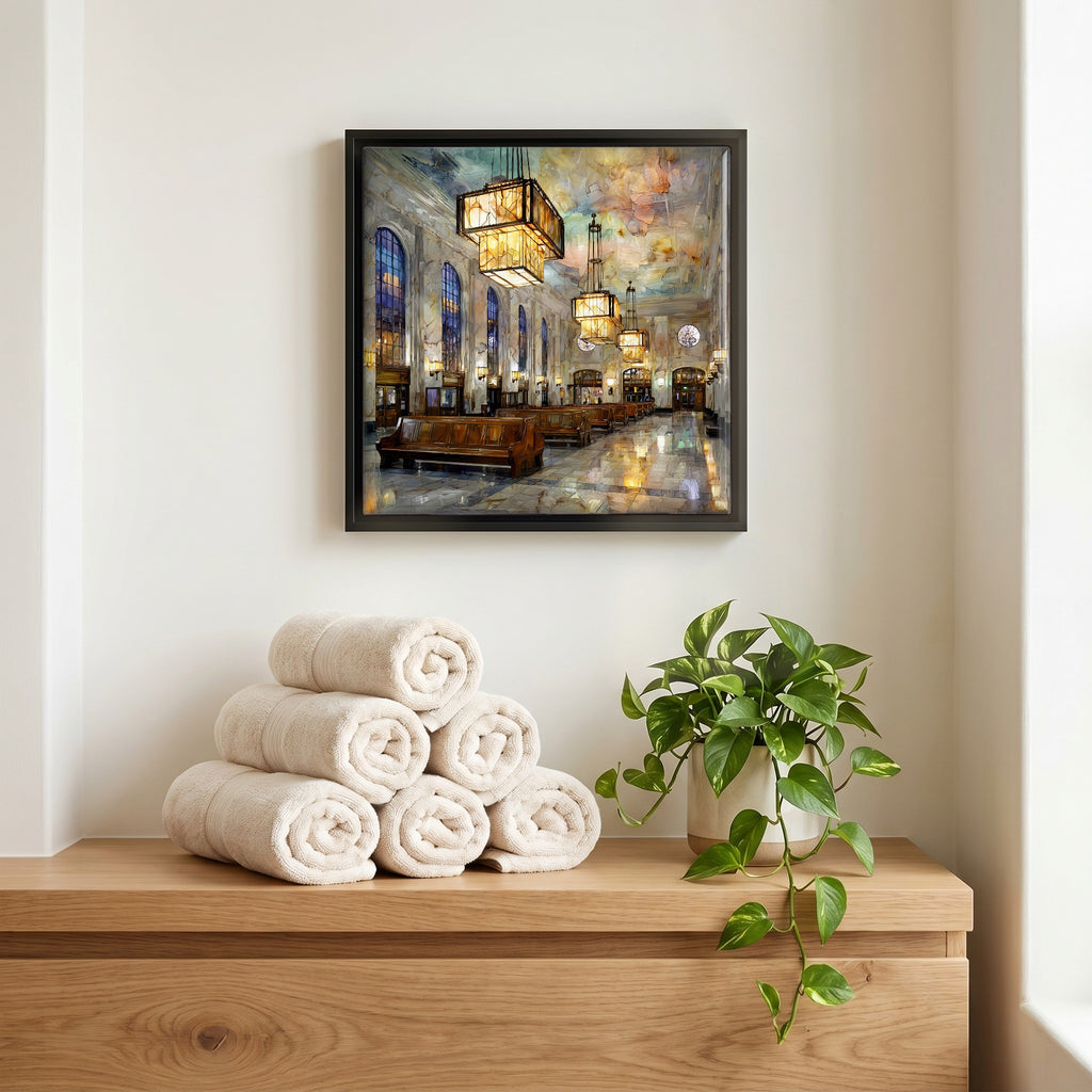 Above the linens, in a slim black surround.