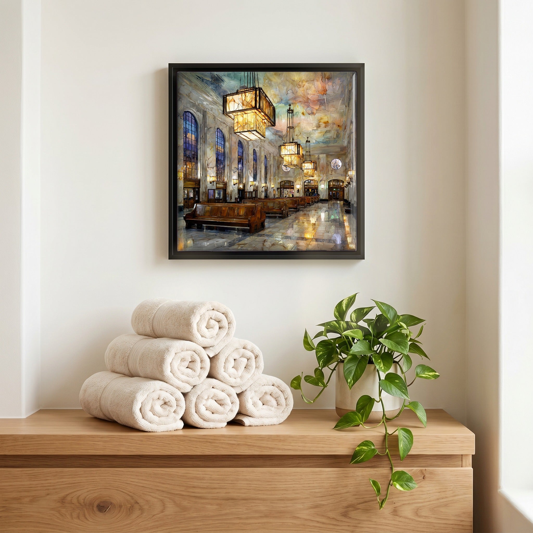 Above the linens, in a slim black surround.