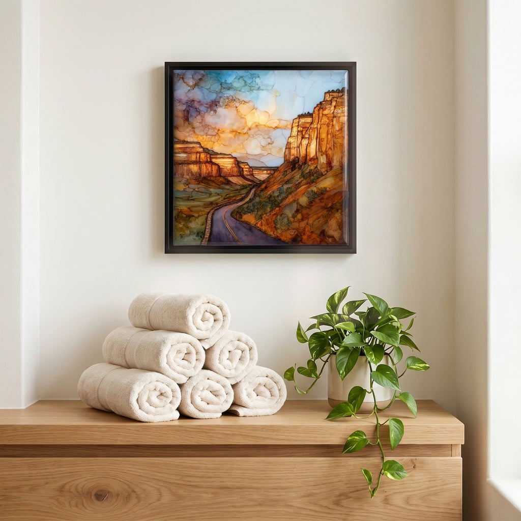 Above the linens, in a slim black surround.