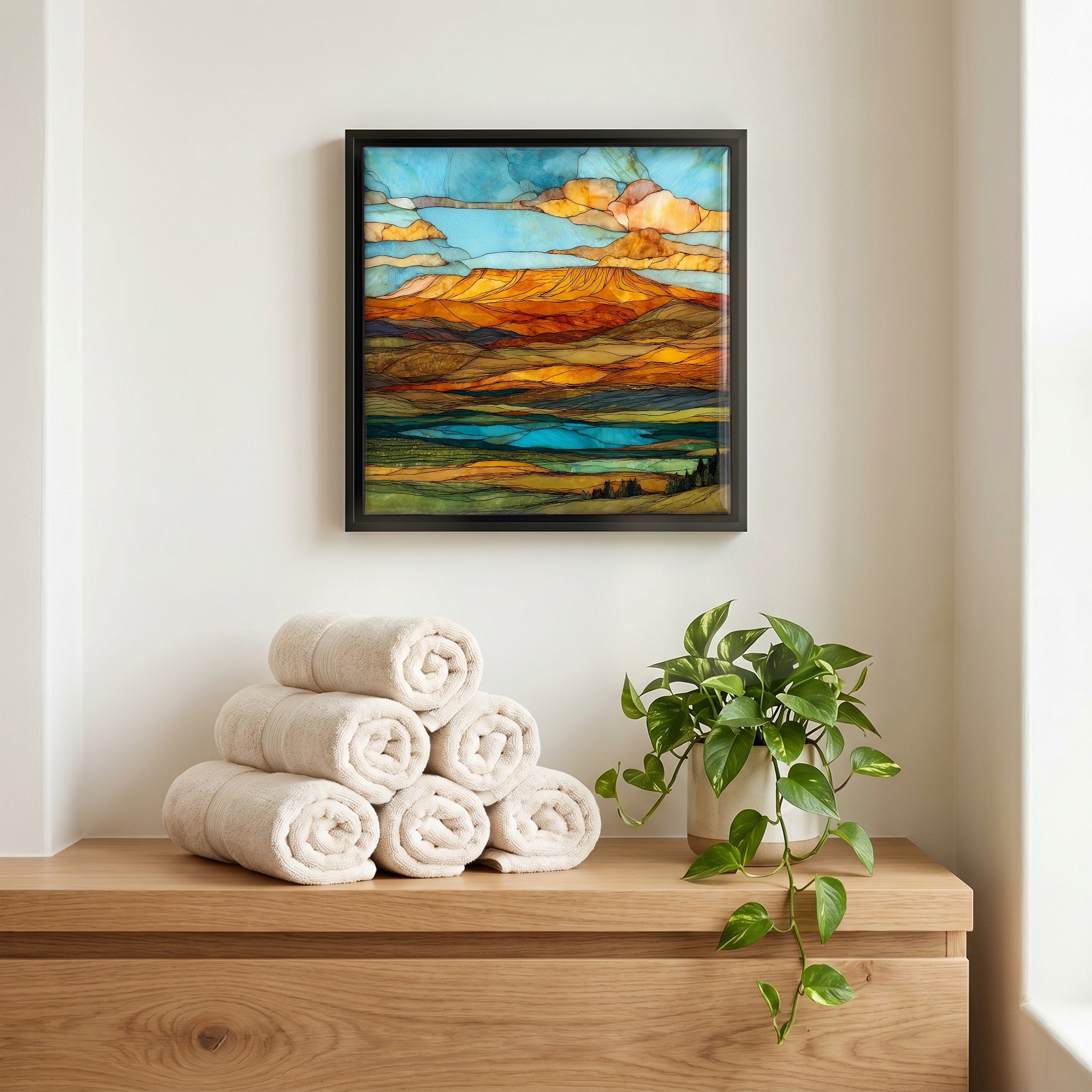 Above the linens, in a slim black surround.