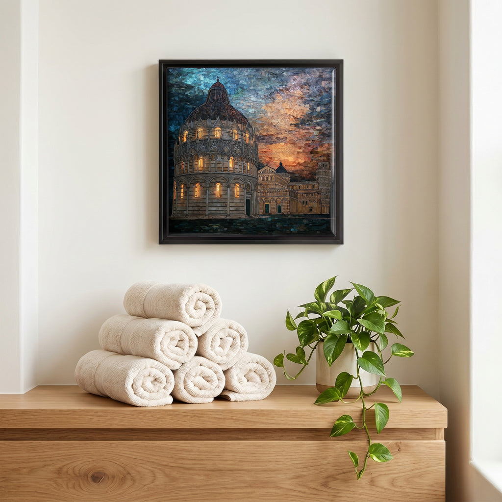 Above the linens, in a slim black surround.