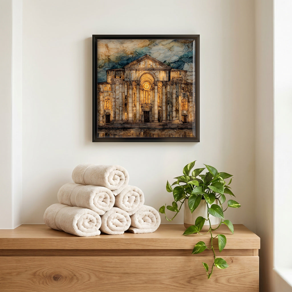 Above the linens, in a slim black surround.