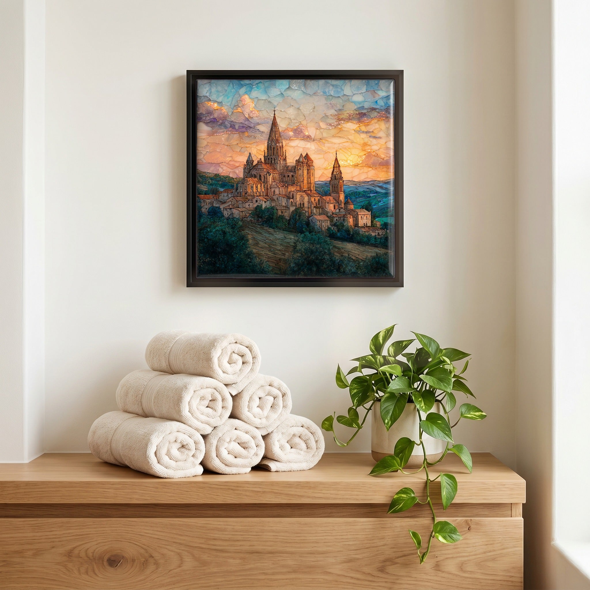 Above the linens, in a slim black surround.