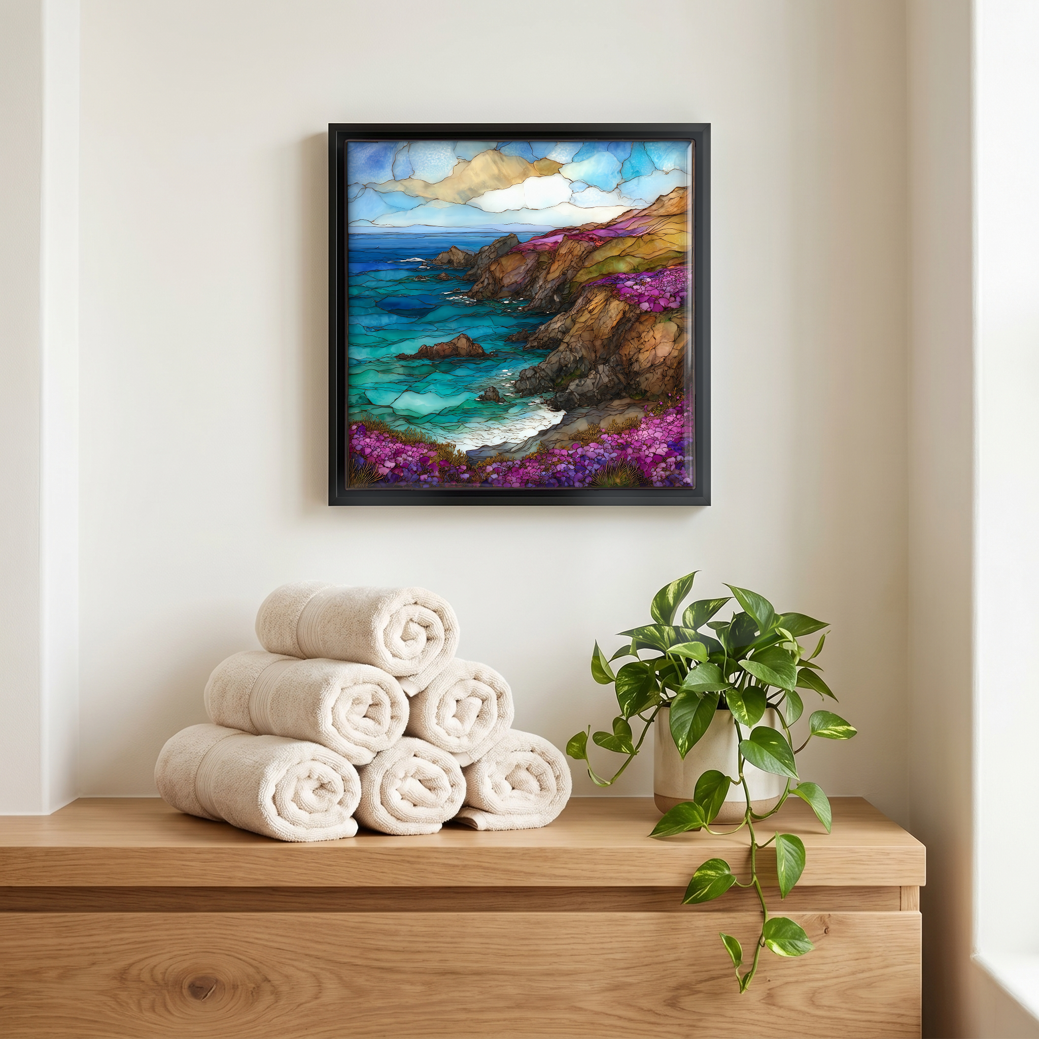 Above the linens, in a slim black surround.