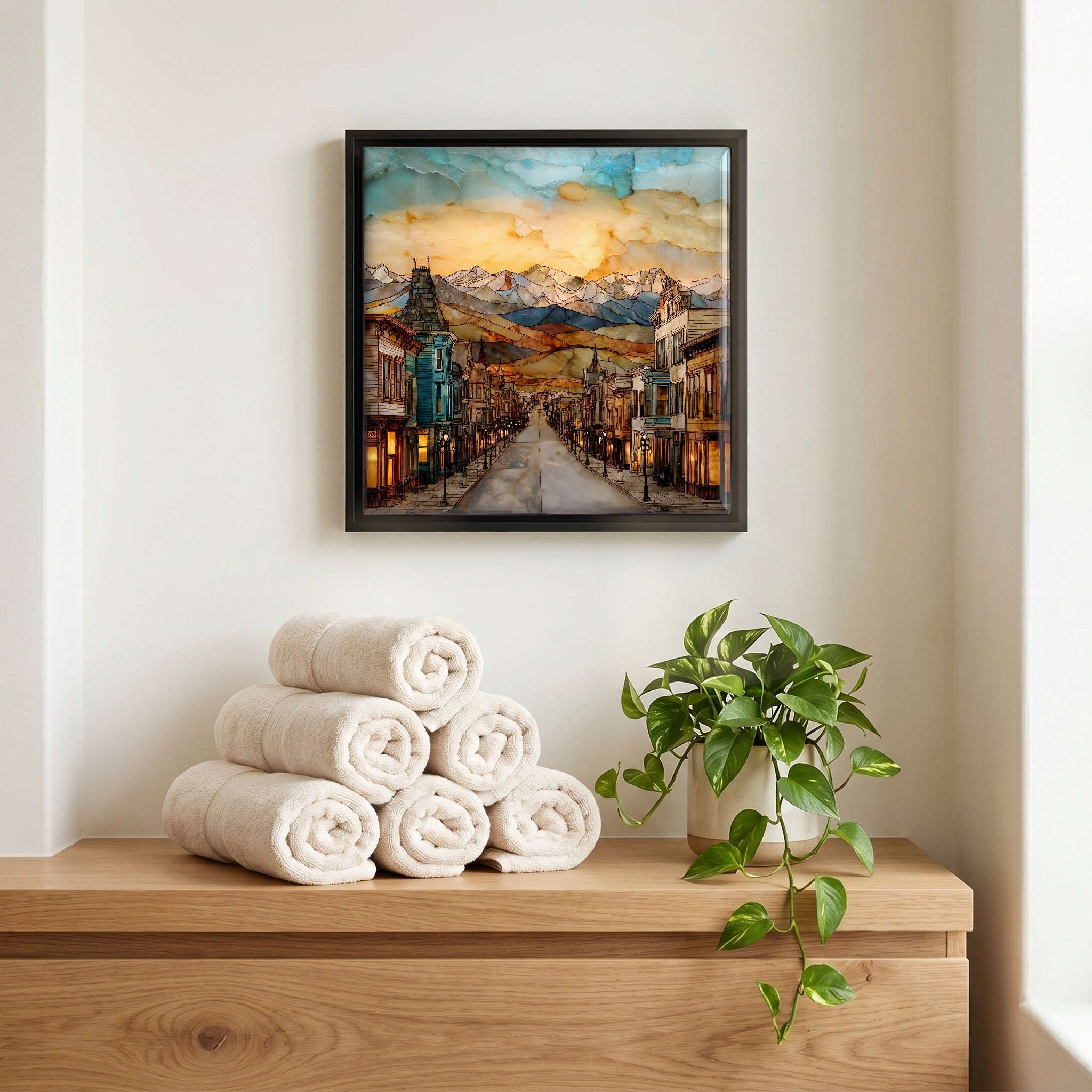 Above the linens, in a slim black surround.