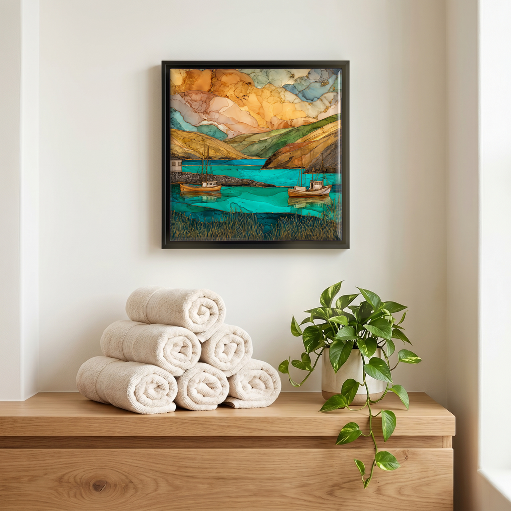 Above the linens, in a slim black surround.