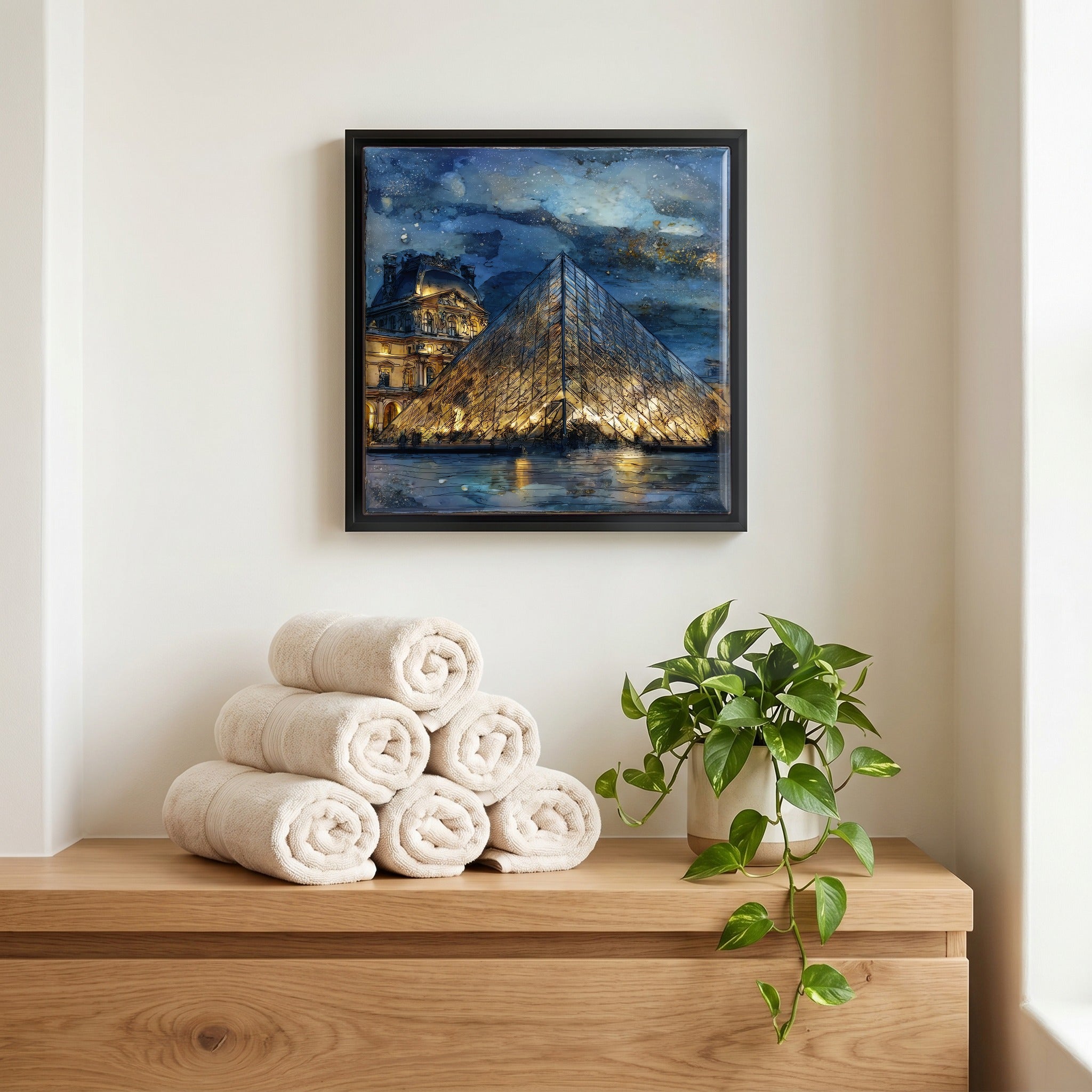 Above the linens, in a slim black surround.
