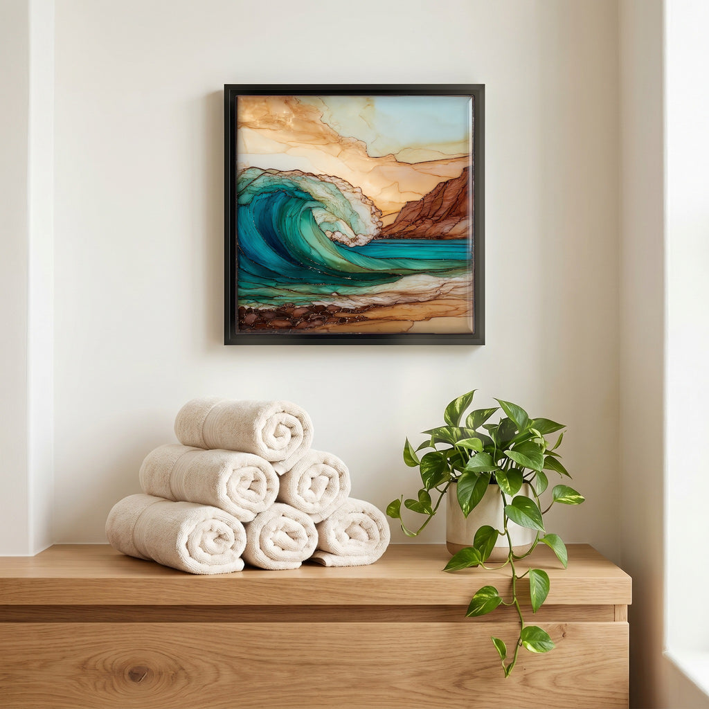 Above the linens, in a slim black surround.