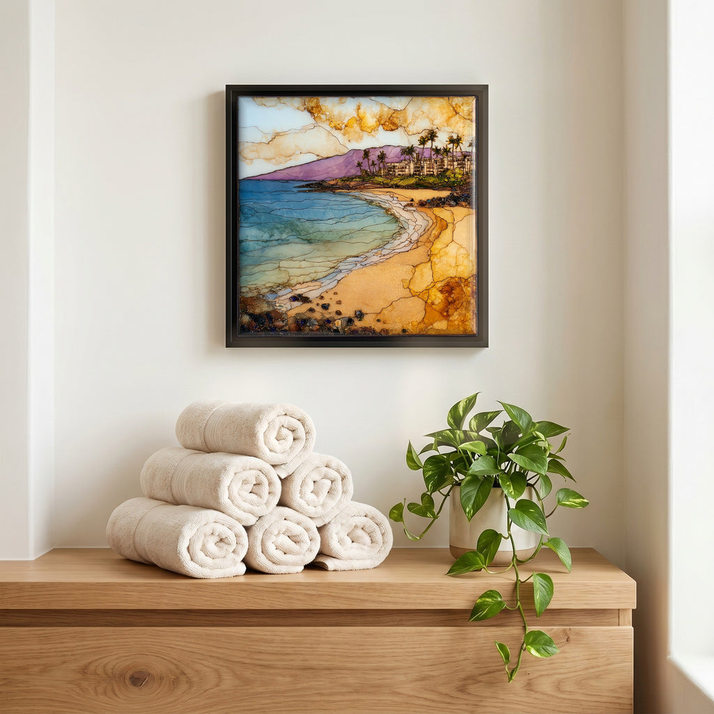 Above the linens, in a slim black surround.