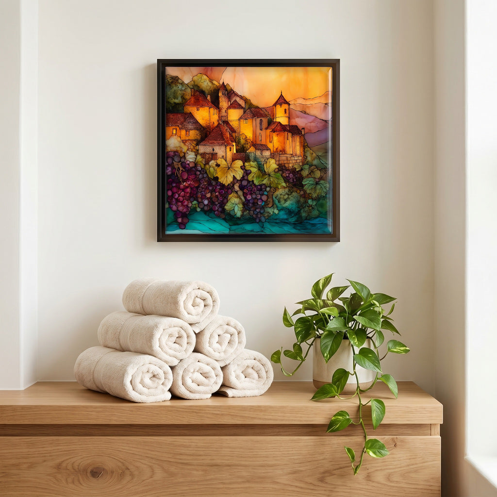 Above the linens, in a slim black surround.