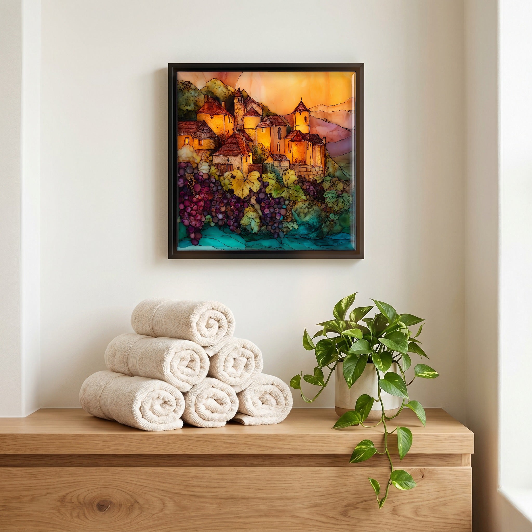 Above the linens, in a slim black surround.