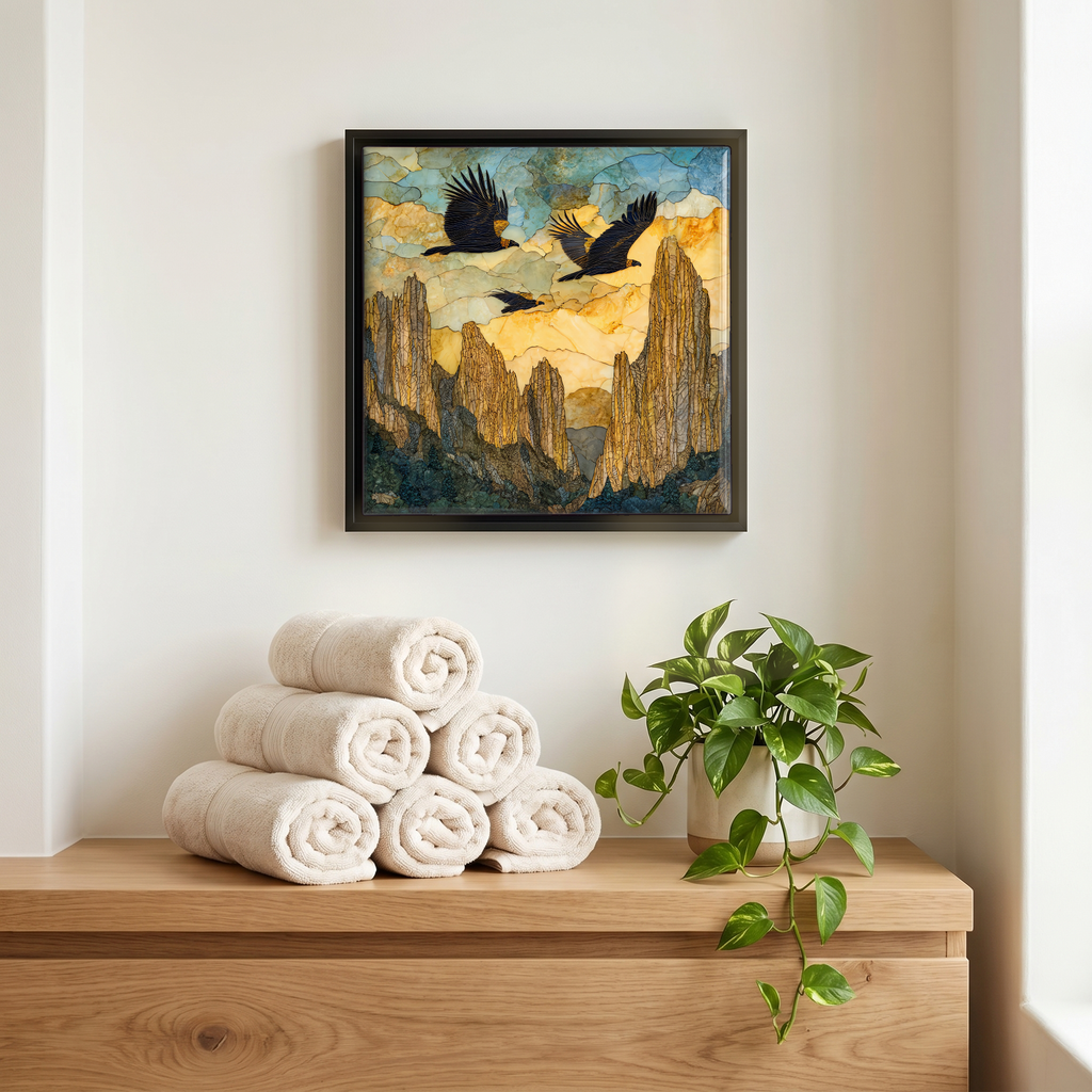 Above the linens, in a slim black surround.