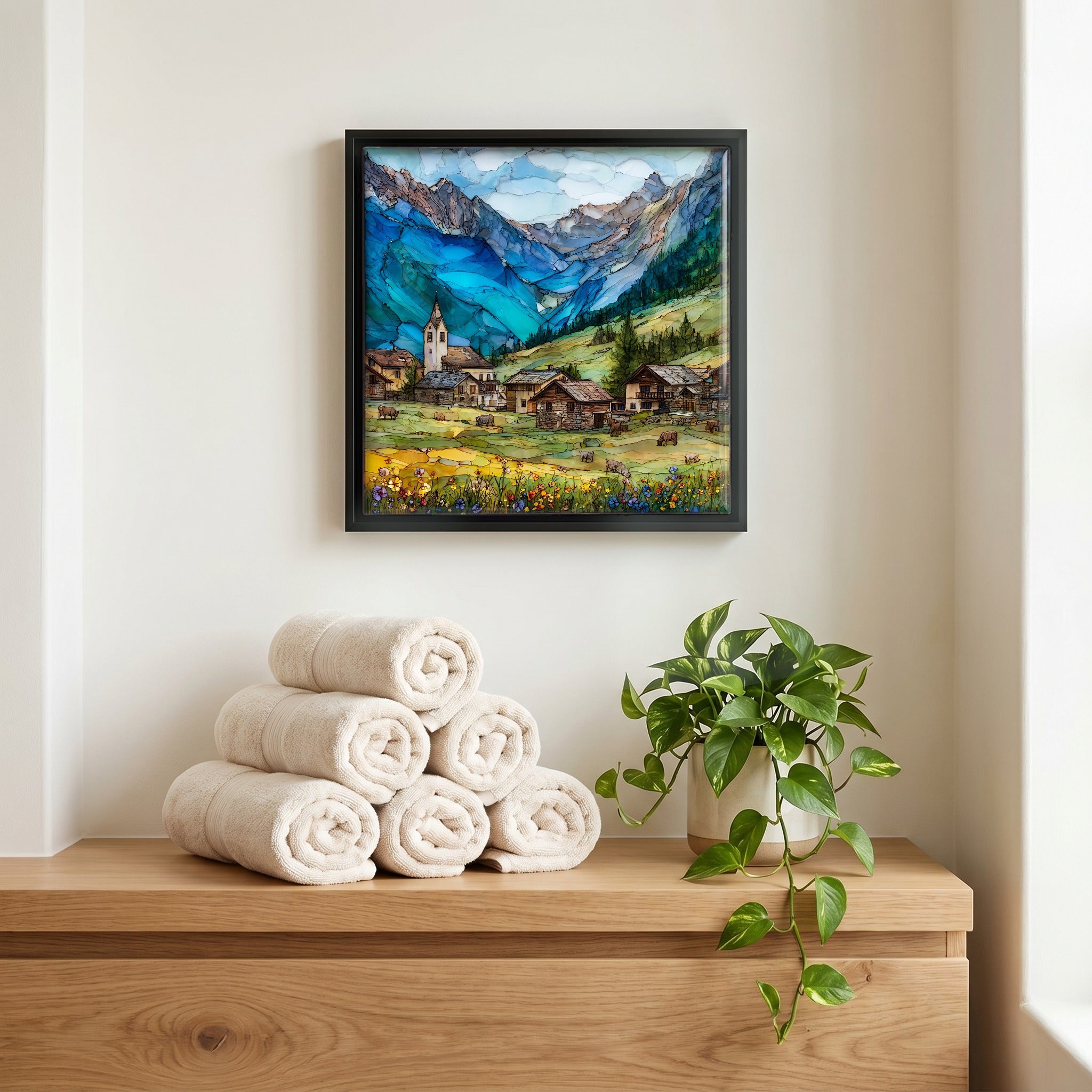 Above the linens, in a slim black surround.
