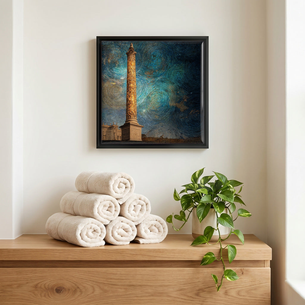 Above the linens, in a slim black surround.