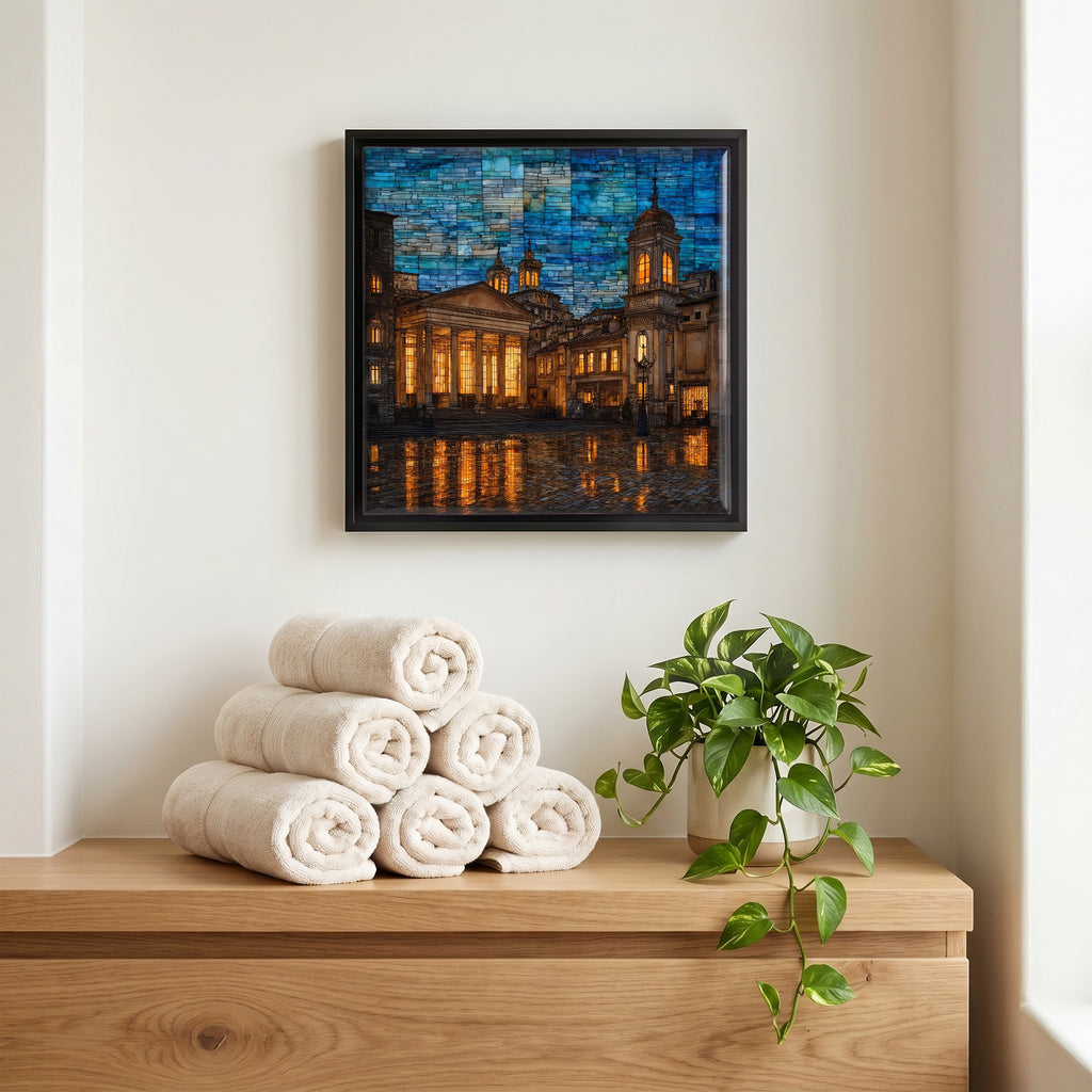 Above the linens, in a slim black surround.