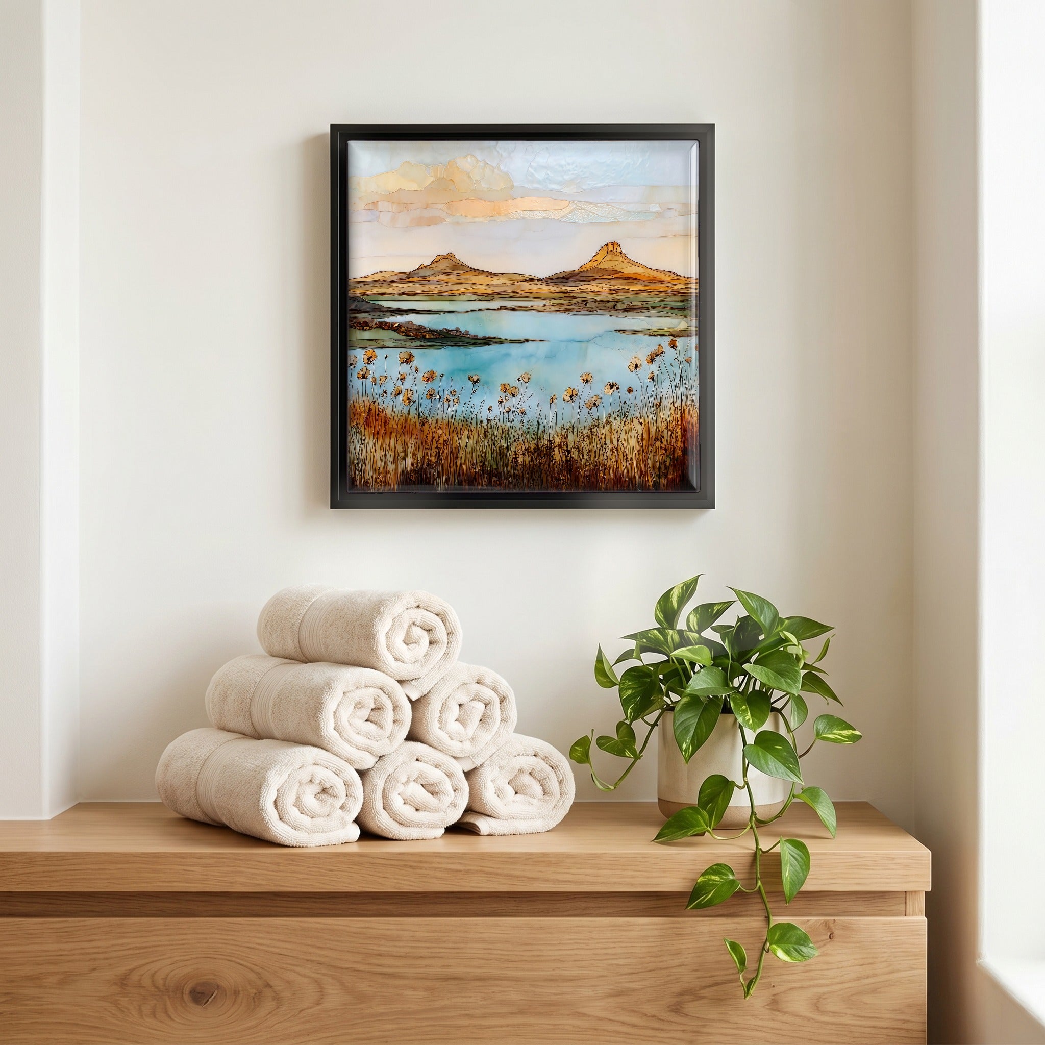 Above the linens, in a slim black surround.