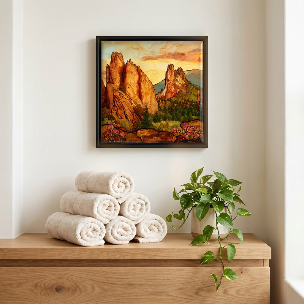 Above the linens, in a slim black surround.