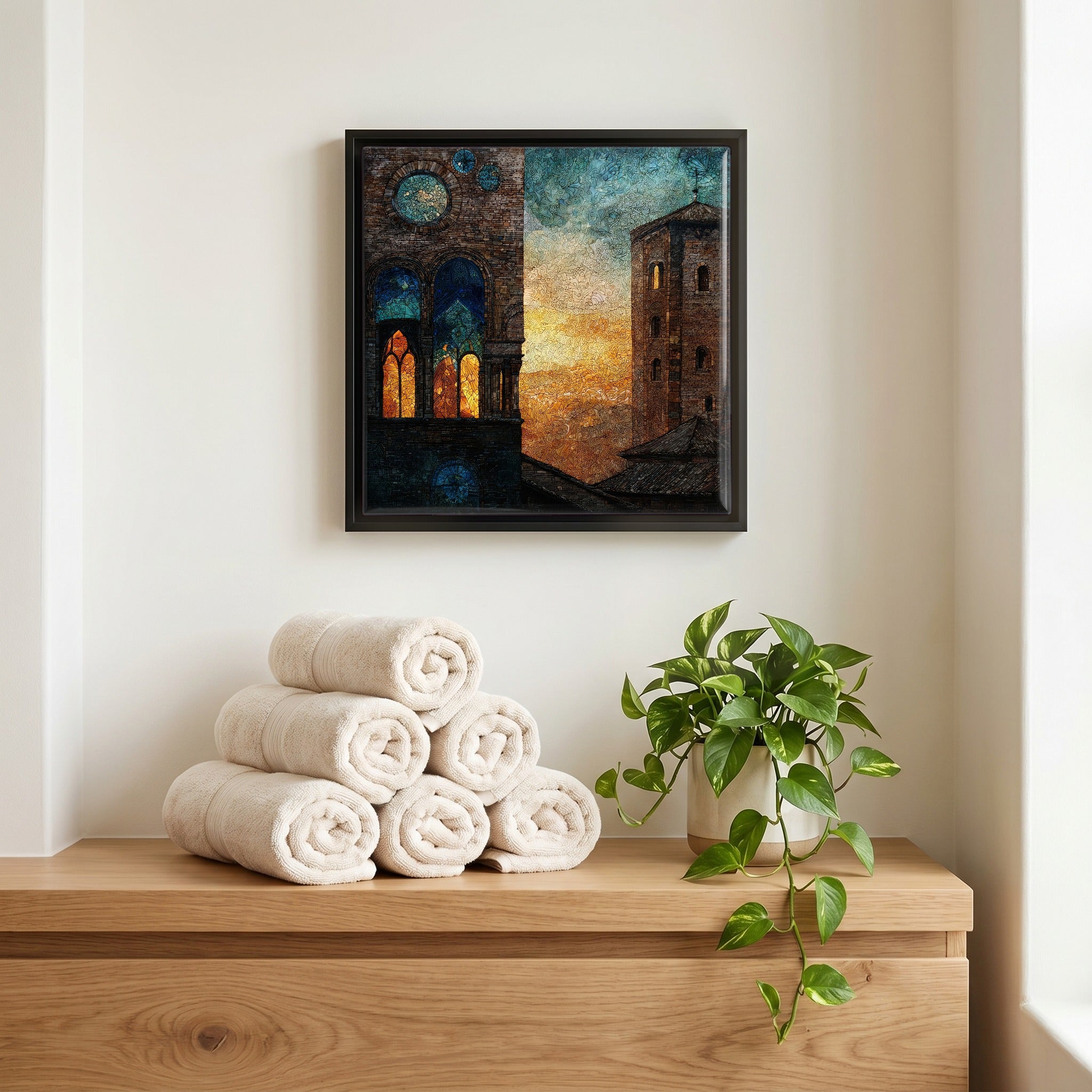 Above the linens, in a slim black surround.