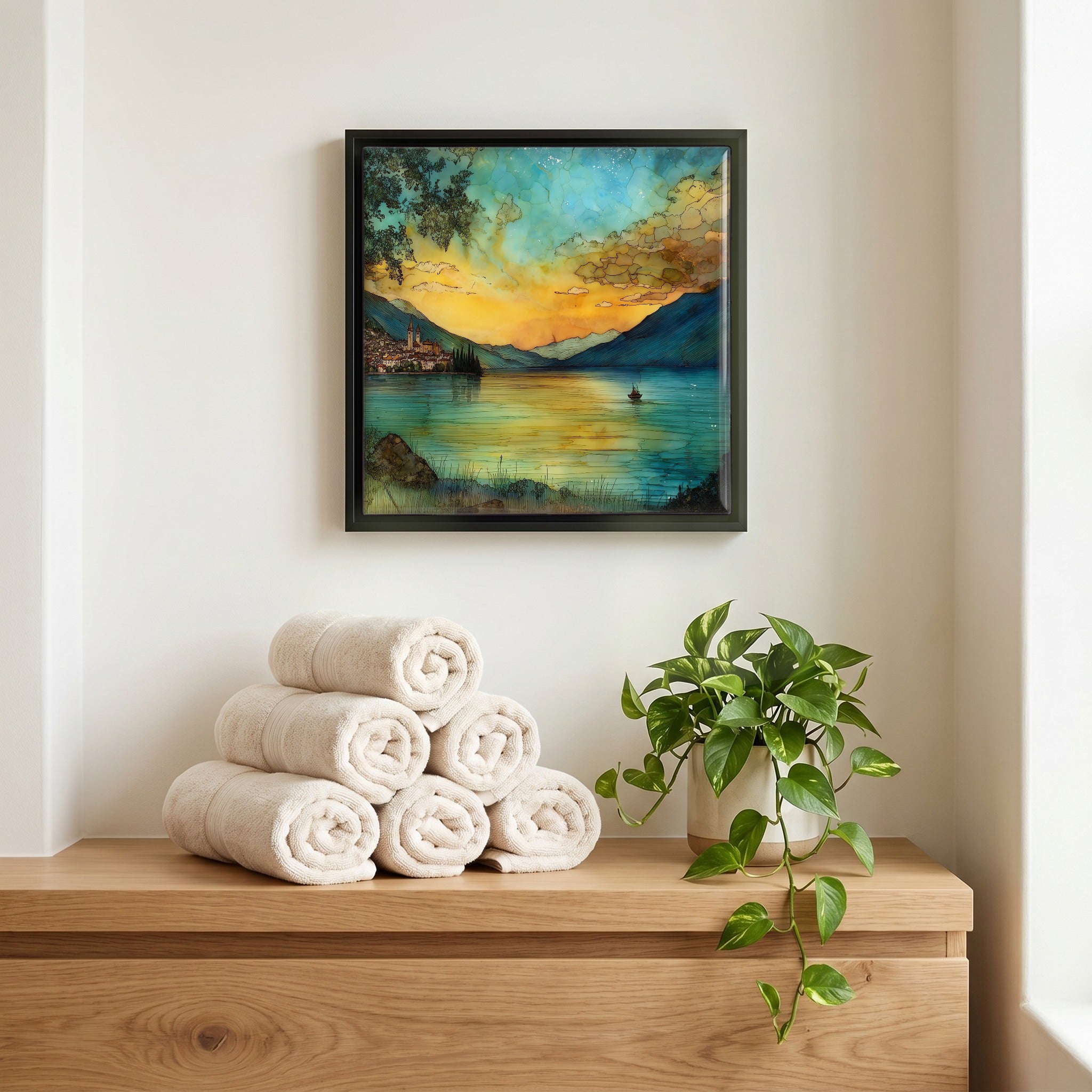 Above the linens, in a slim black surround.