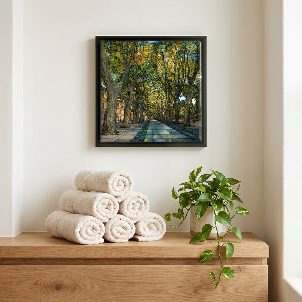 Above the linens, in a slim black surround.