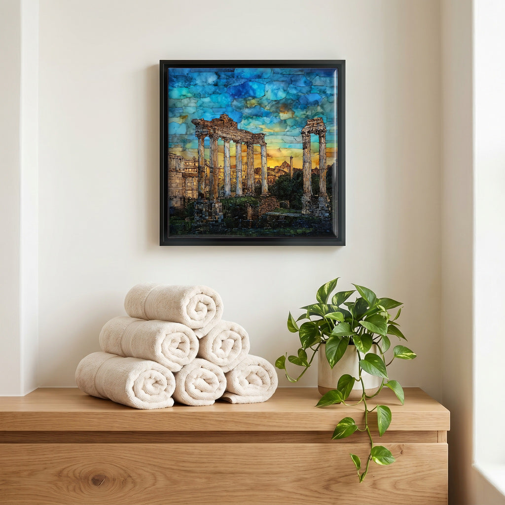 Above the linens, in a slim black surround.