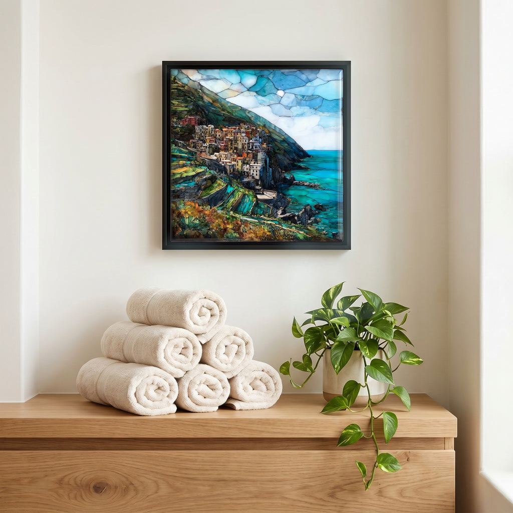 Above the linens, in a slim black surround.