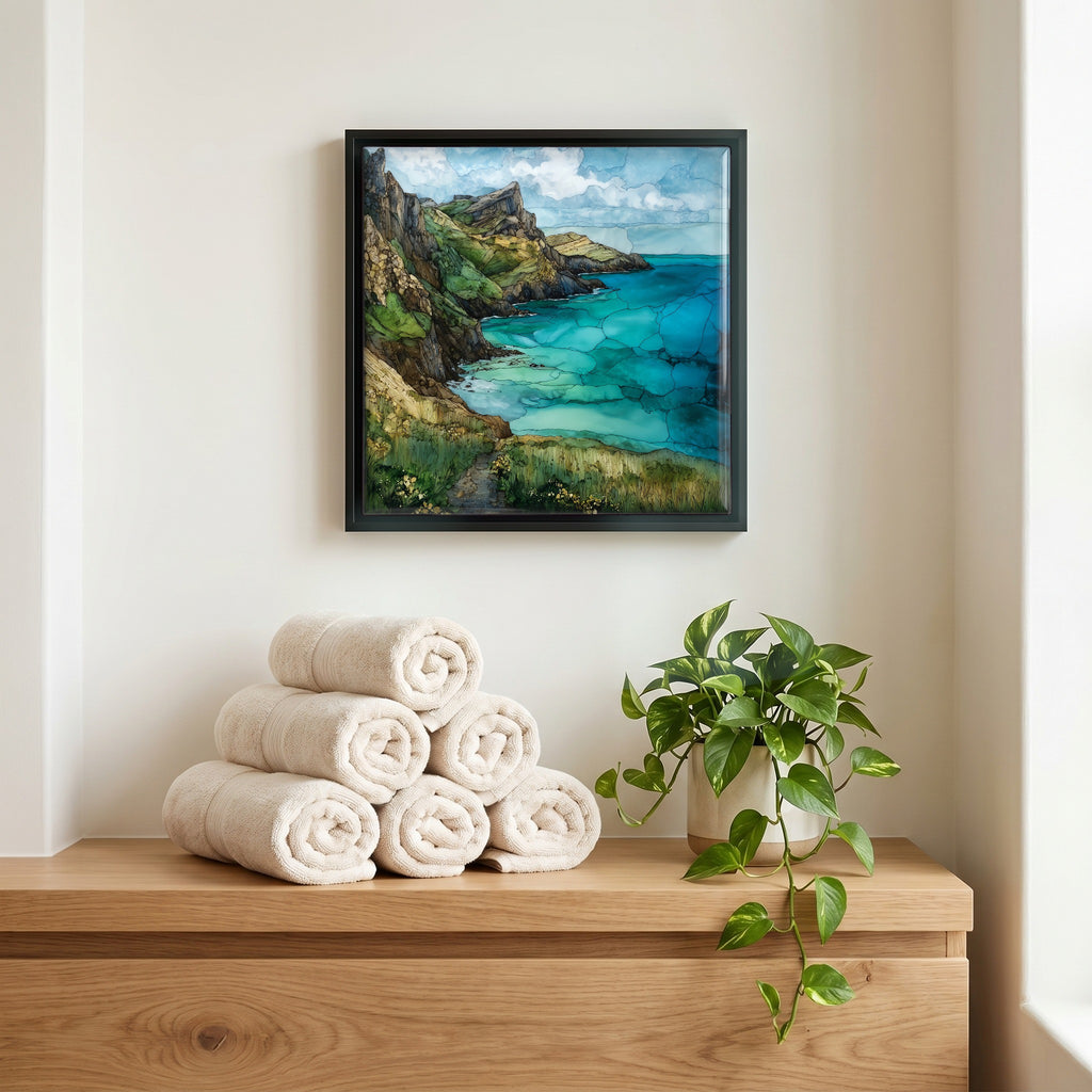 Above the linens, in a slim black surround.