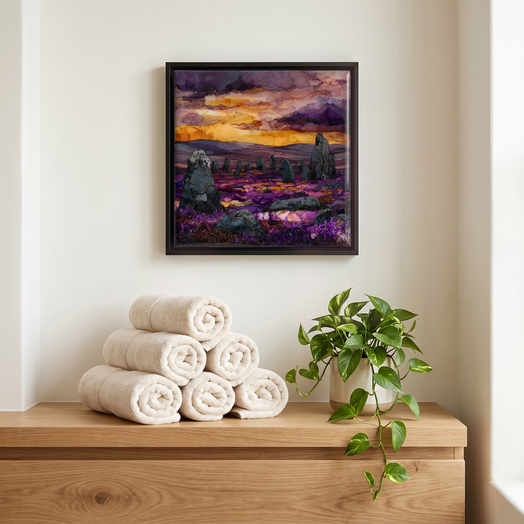 Above the linens, in a slim black surround.
