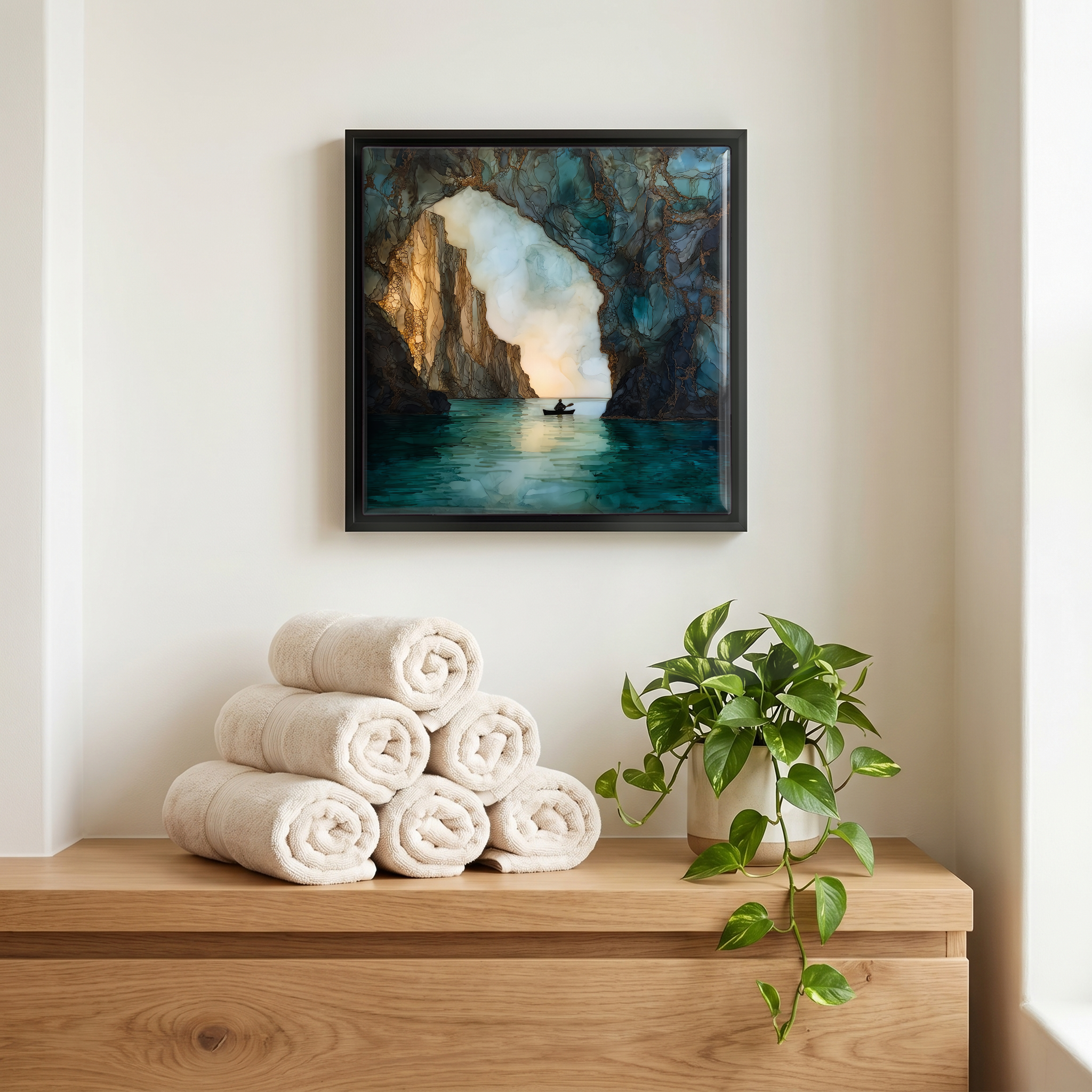 Above the linens, in a slim black surround.